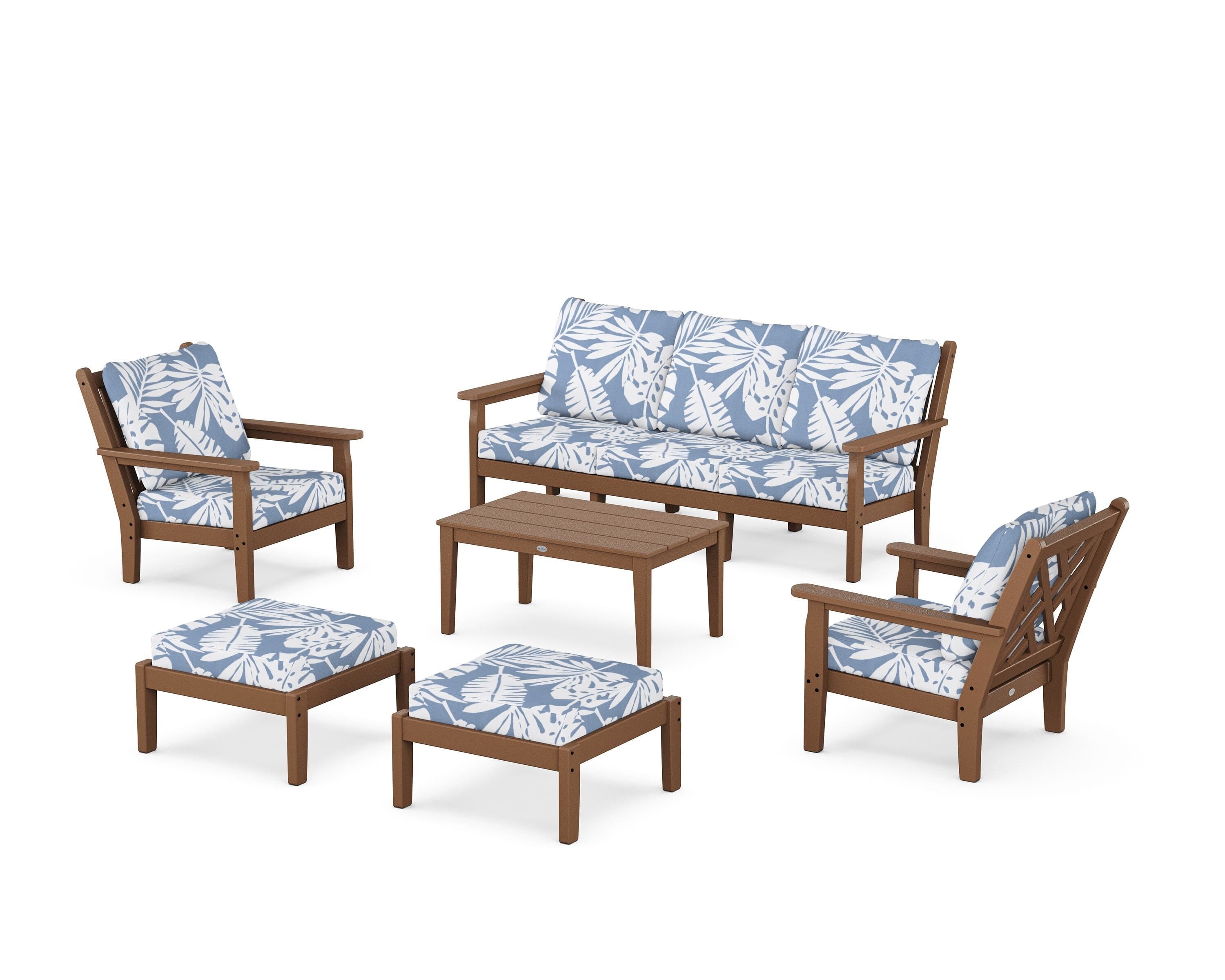 POLYWOOD Chippendale 6-Piece Lounge Sofa Set in Teak / Leaf Sky Blue