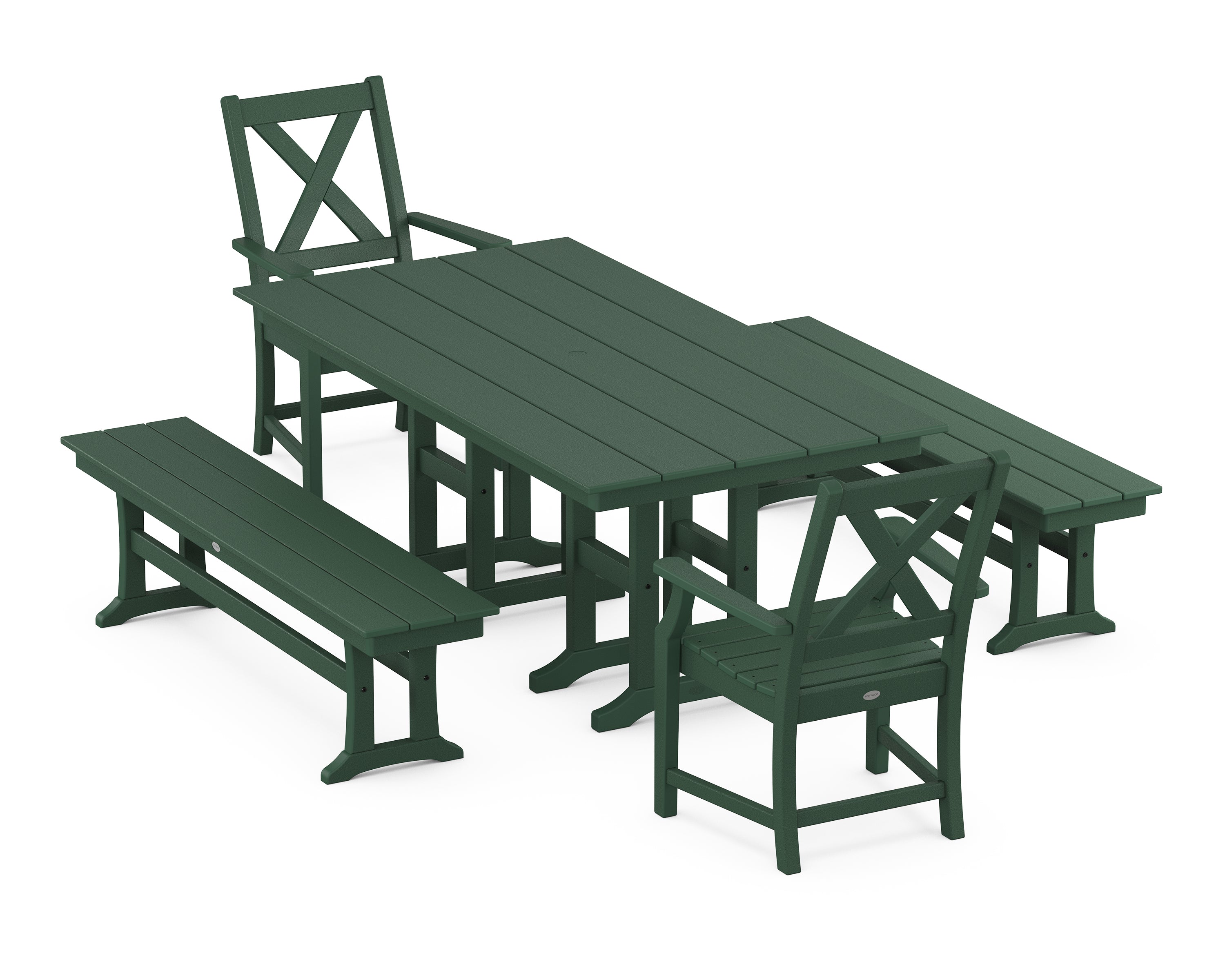 POLYWOOD® Braxton 5-Piece Farmhouse Dining Set with Benches in Green