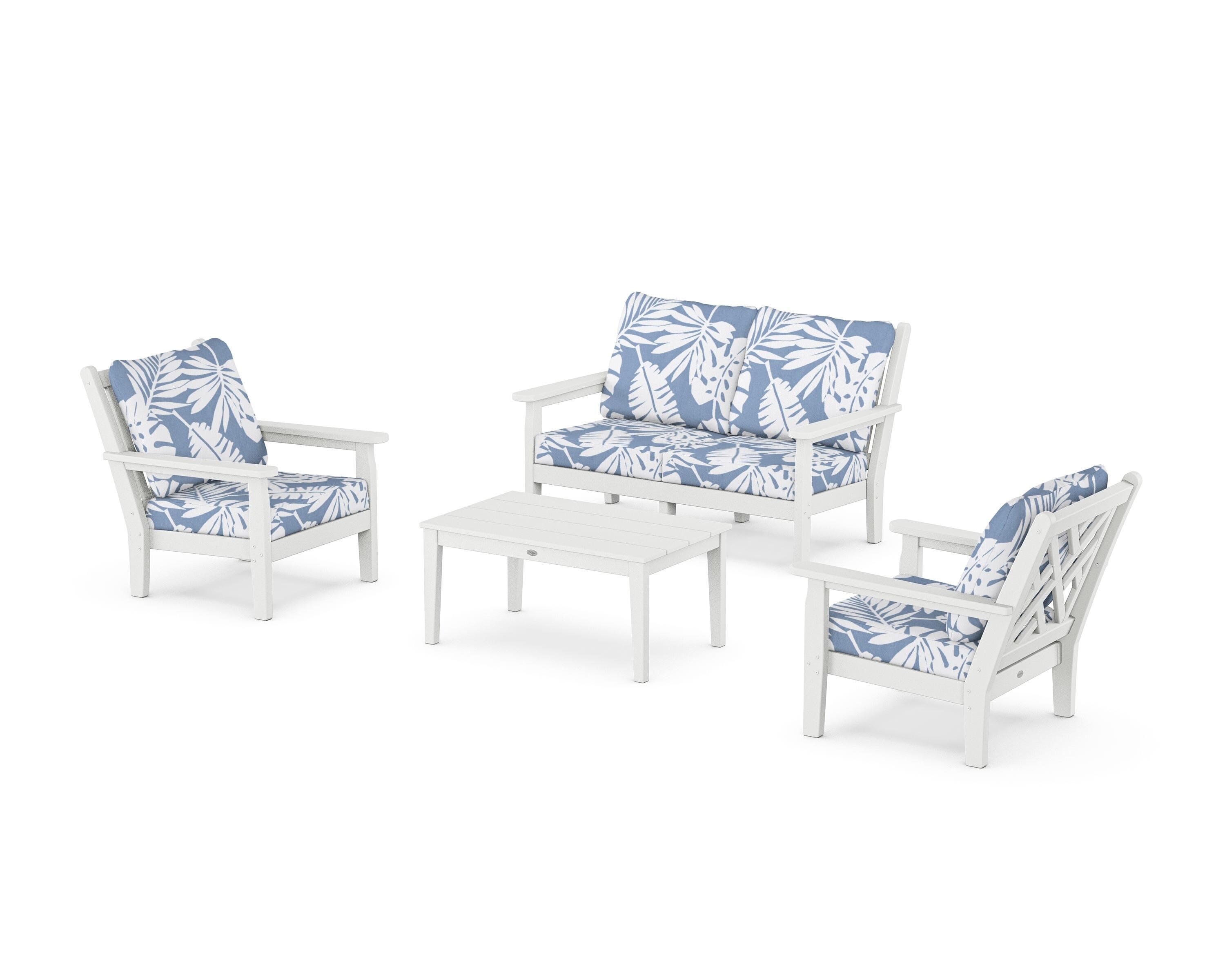 POLYWOOD Chippendale 4-Piece Deep Seating Set with Loveseat in White / Leaf Sky Blue