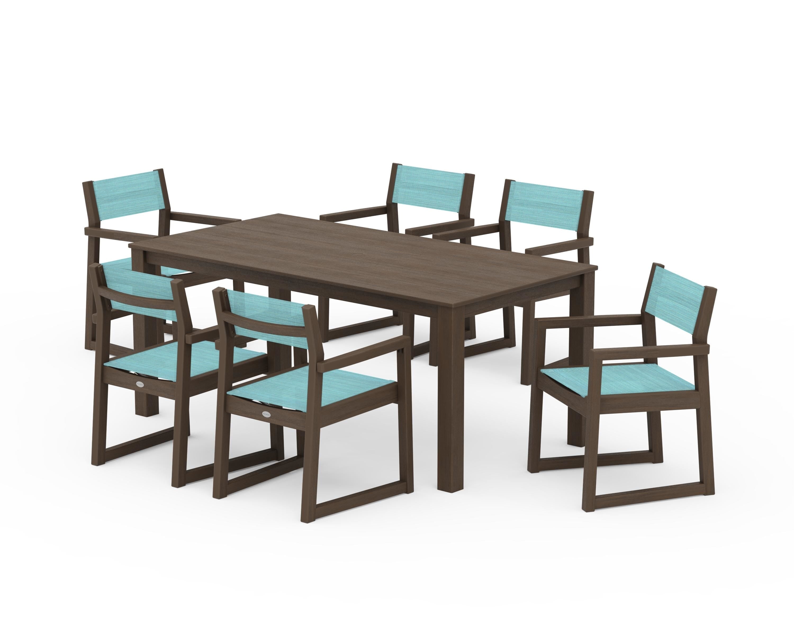 POLYWOOD EDGE Sling Arm Chair 7-Piece Parsons Dining Set in Kona / Dupioni Aquamarine Sling