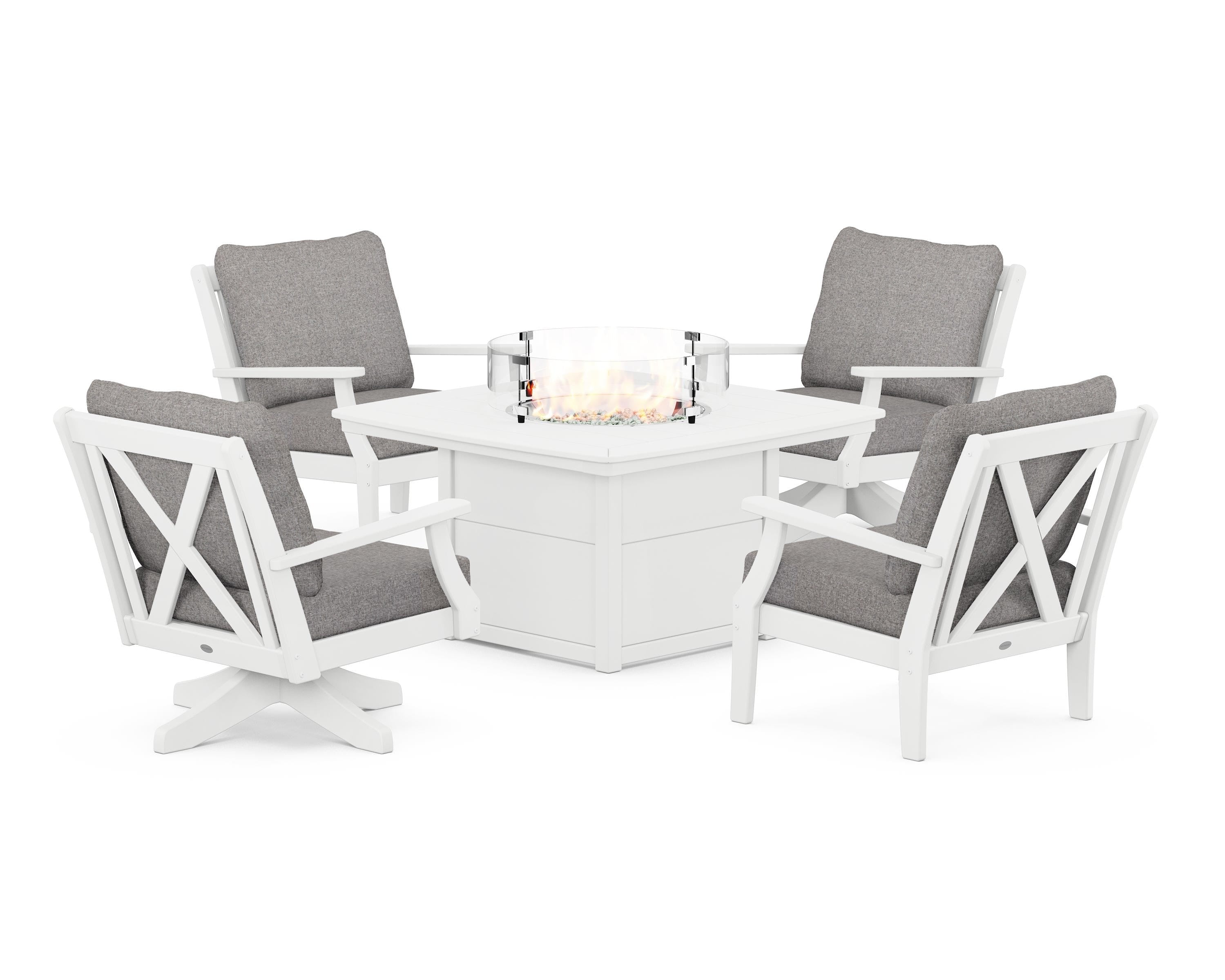 POLYWOOD Braxton 5-Piece Deep Seating Set with Fire Table in White / Grey Mist