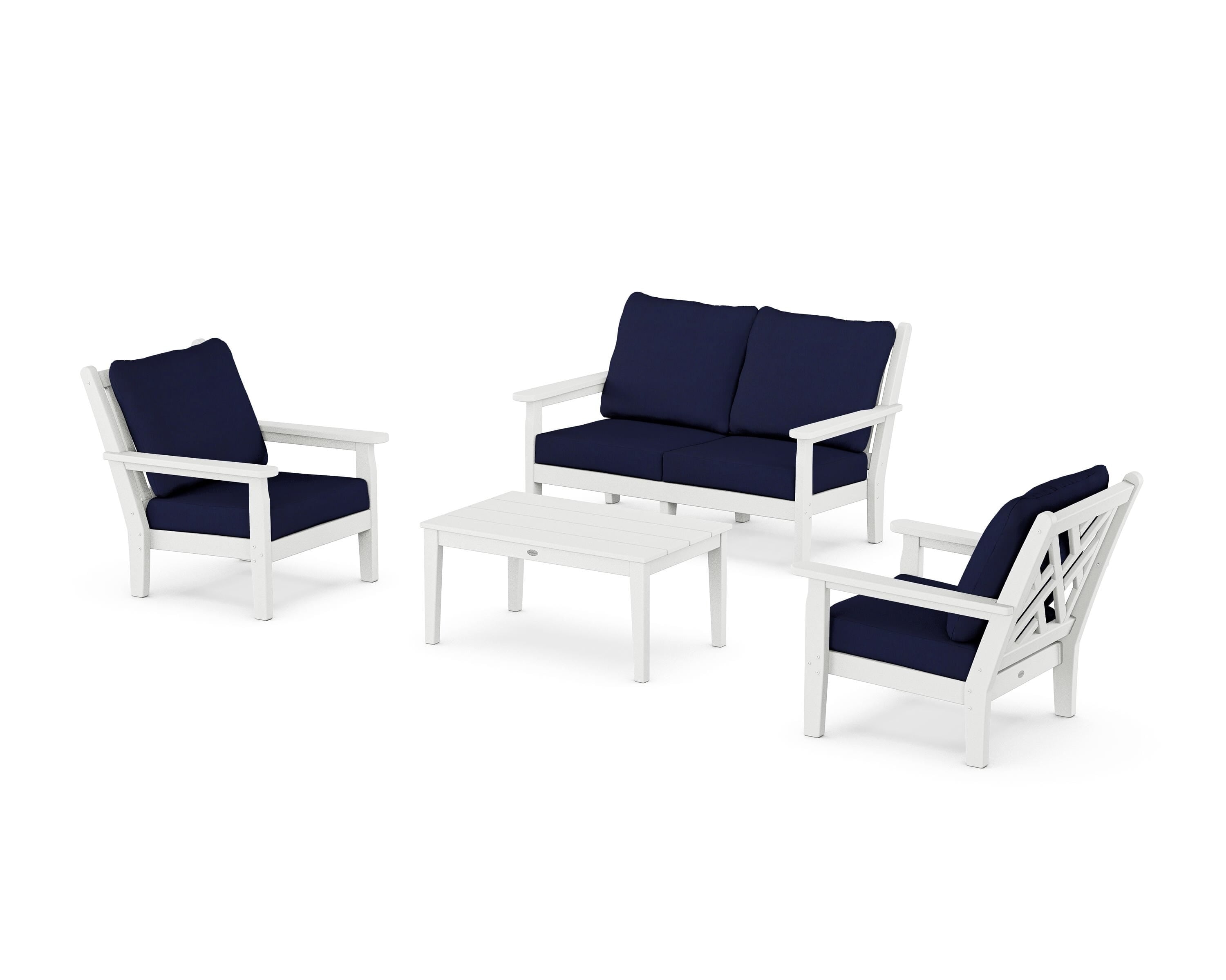 POLYWOOD Chippendale 4-Piece Deep Seating Set with Loveseat in White / Navy