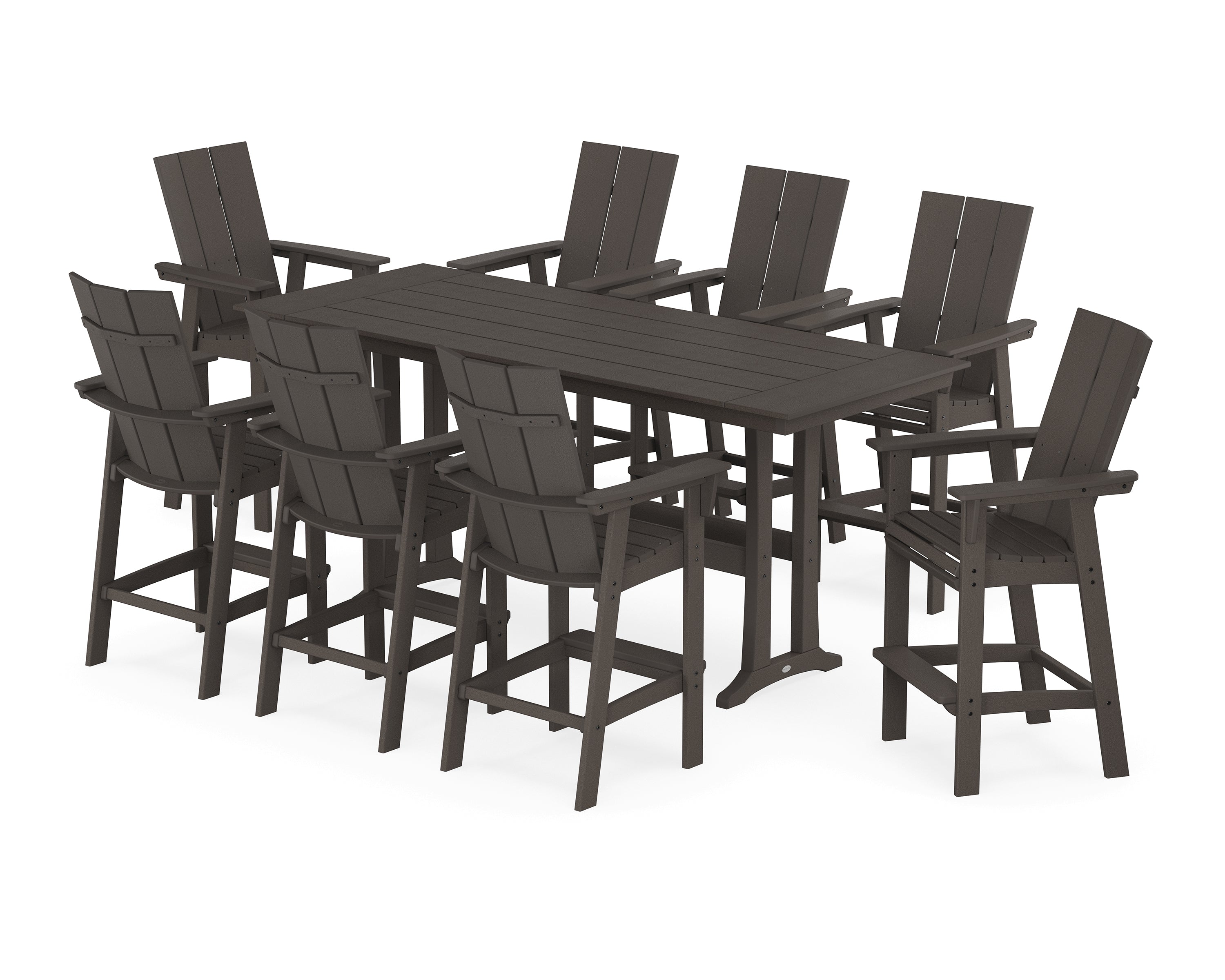 POLYWOOD® Modern Curveback Adirondack 9-Piece Farmhouse Bar Set with Trestle Legs in Vintage Coffee