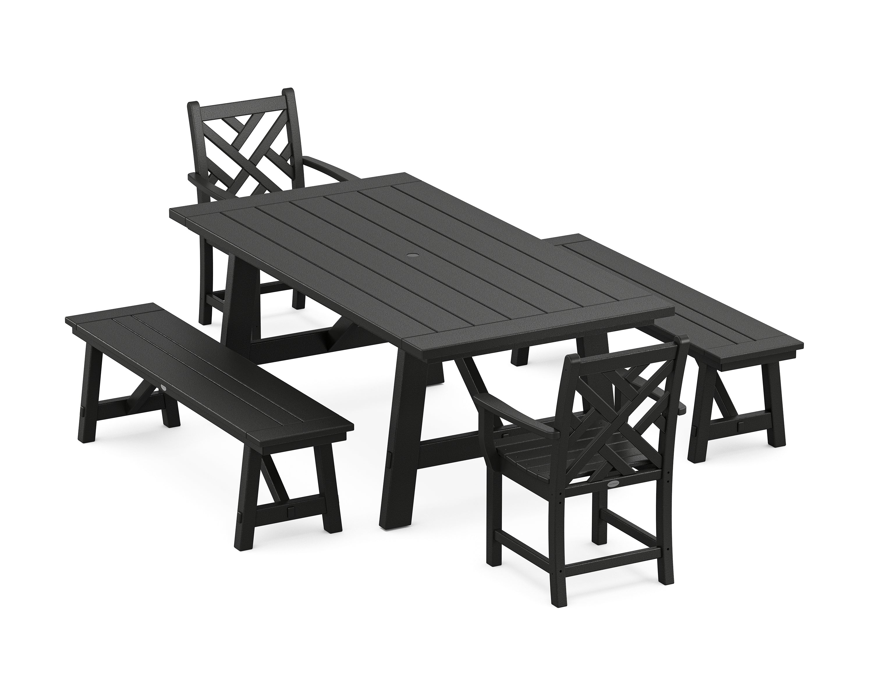 POLYWOOD Chippendale 5-Piece Rustic Farmhouse Dining Set With Benches in Black