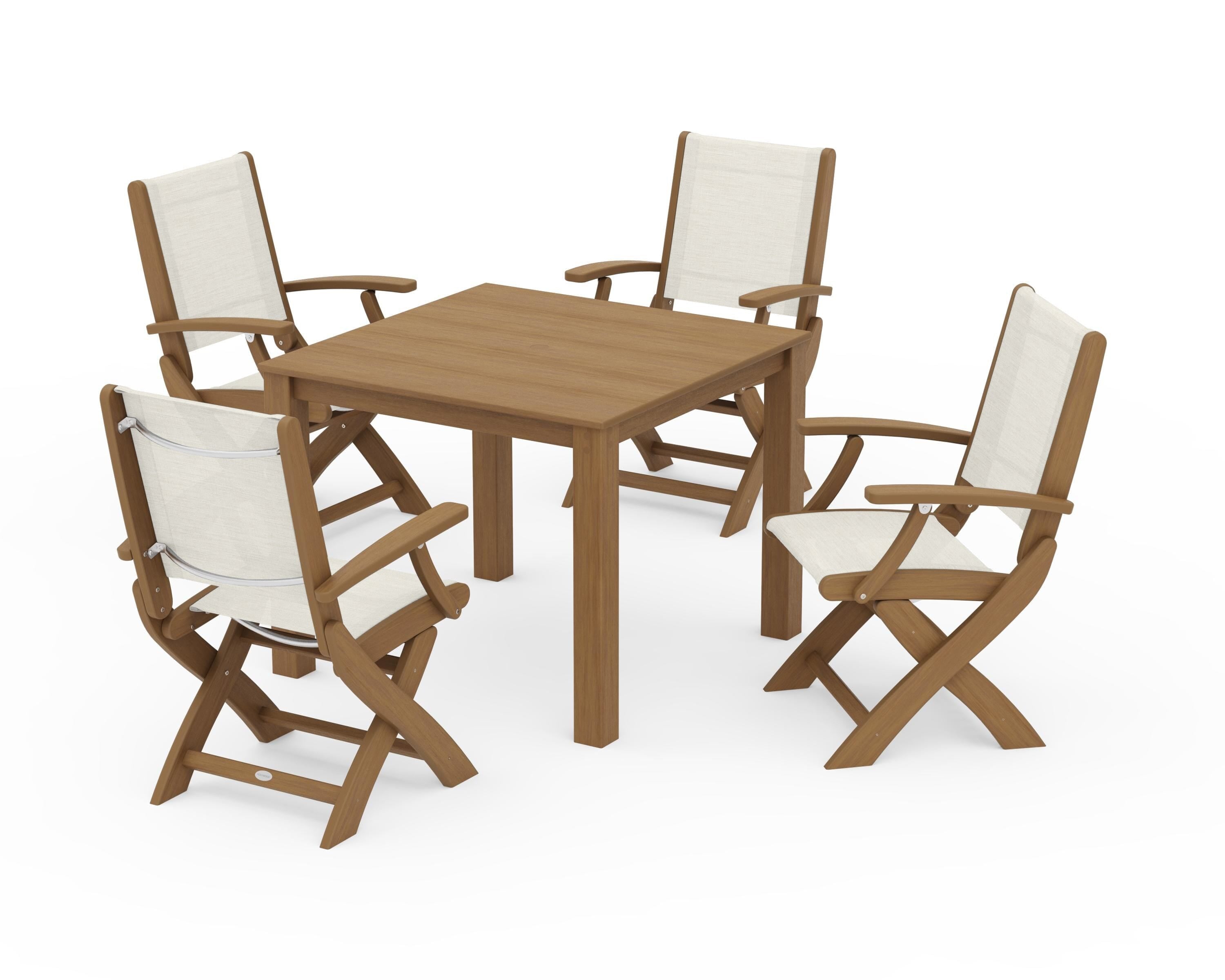 POLYWOOD Coastal Folding Chair 5-Piece Parsons Dining Set in Natural / Parchment Sling