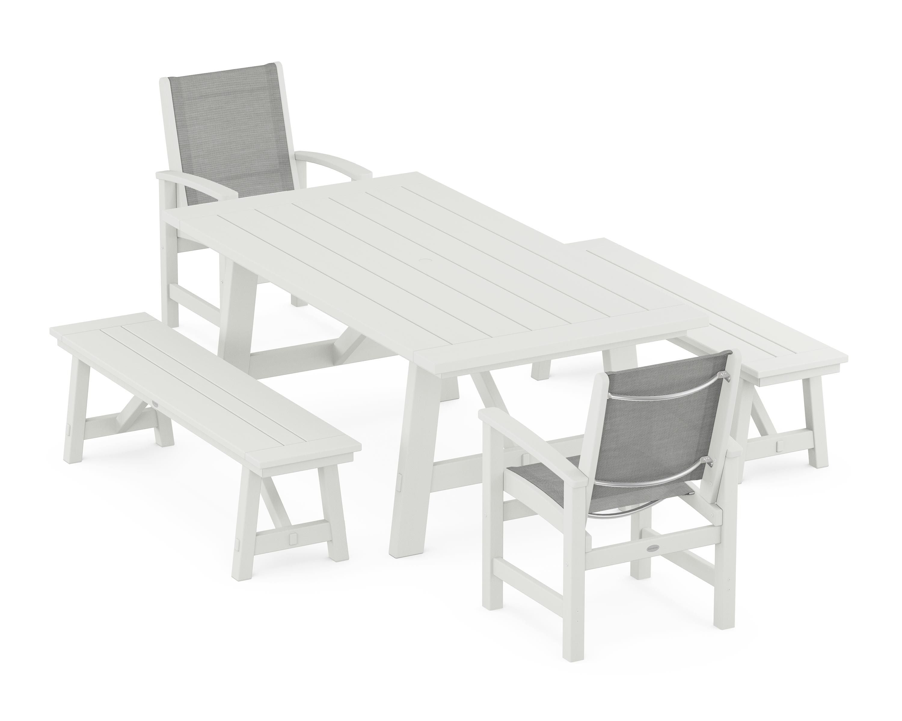 POLYWOOD Coastal 5-Piece Rustic Farmhouse Dining Set With Benches in Vintage White / Metallic Sling