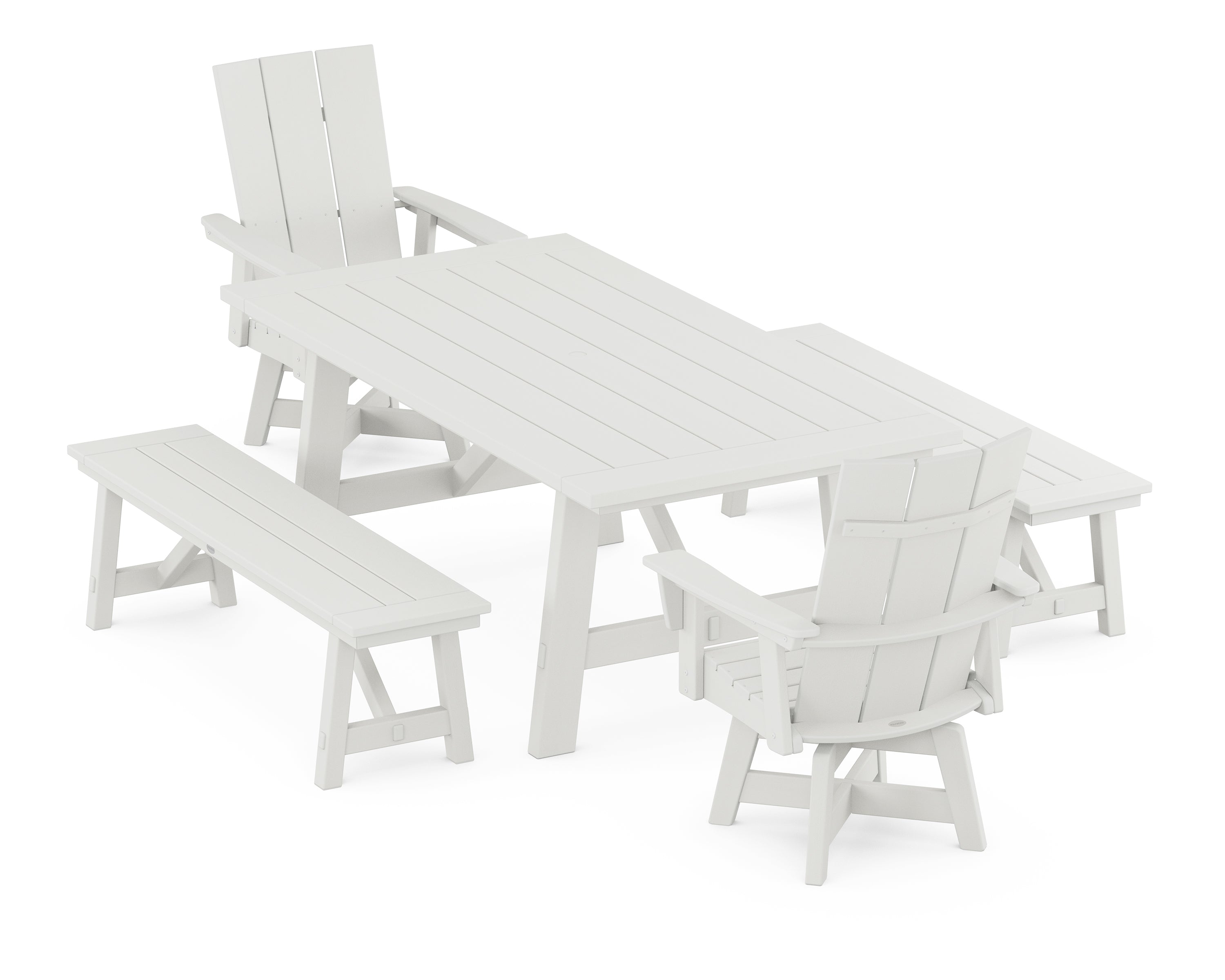 POLYWOOD Modern Curveback Adirondack Swivel Chair 5-Piece Rustic Farmhouse Dining Set With Benches in Vintage White