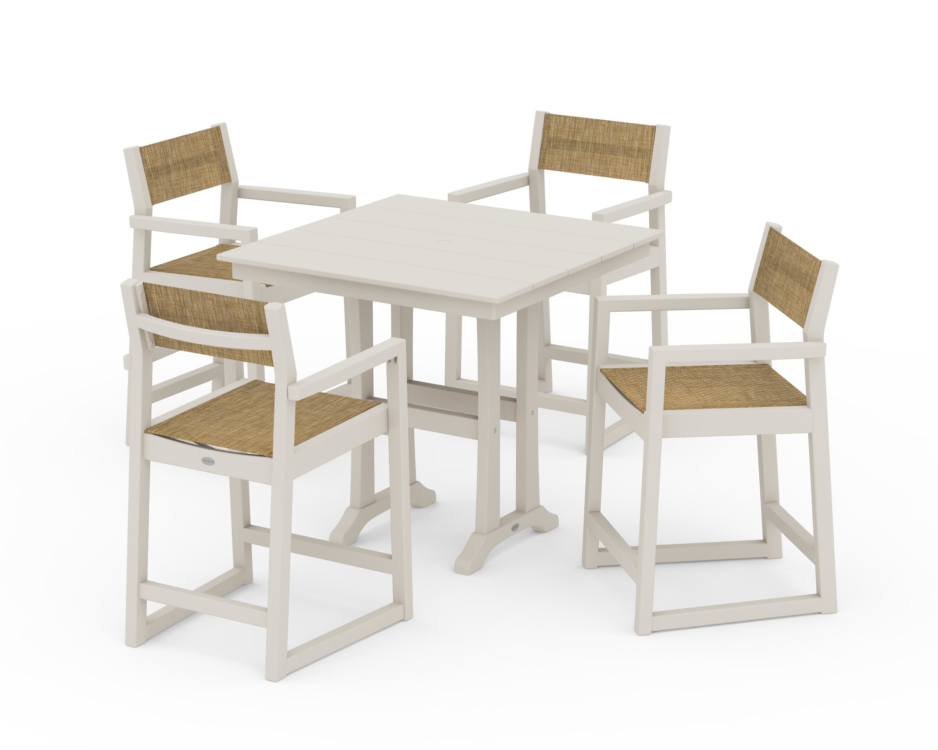 POLYWOOD EDGE Sling Arm Chair 5-Piece Farmhouse Counter Set with Trestle Legs in Sand / Burlap Sling