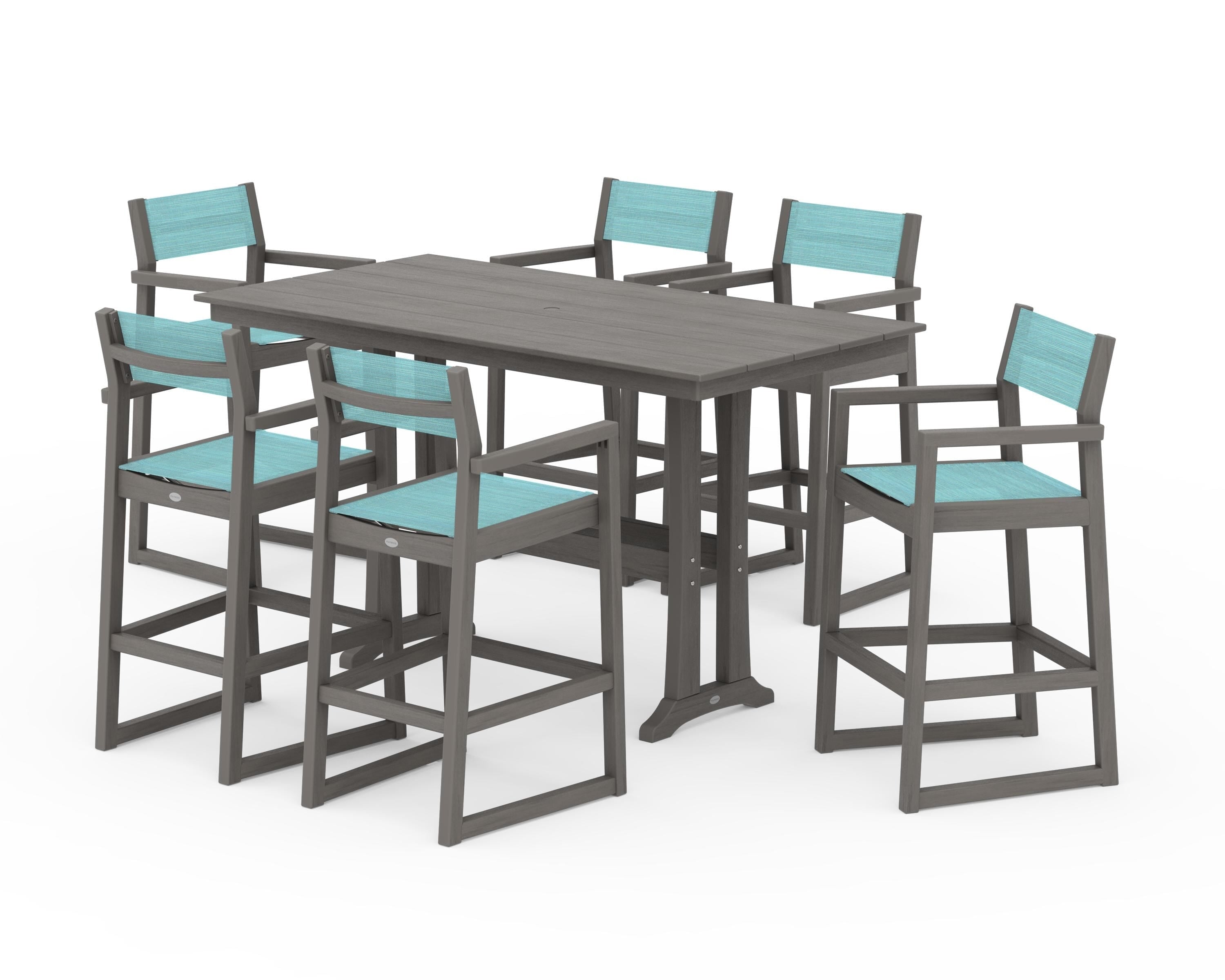 POLYWOOD EDGE Sling Arm Chair 7-Piece Farmhouse Bar Set with Trestle Legs in Driftwood / Dupioni Aquamarine Sling