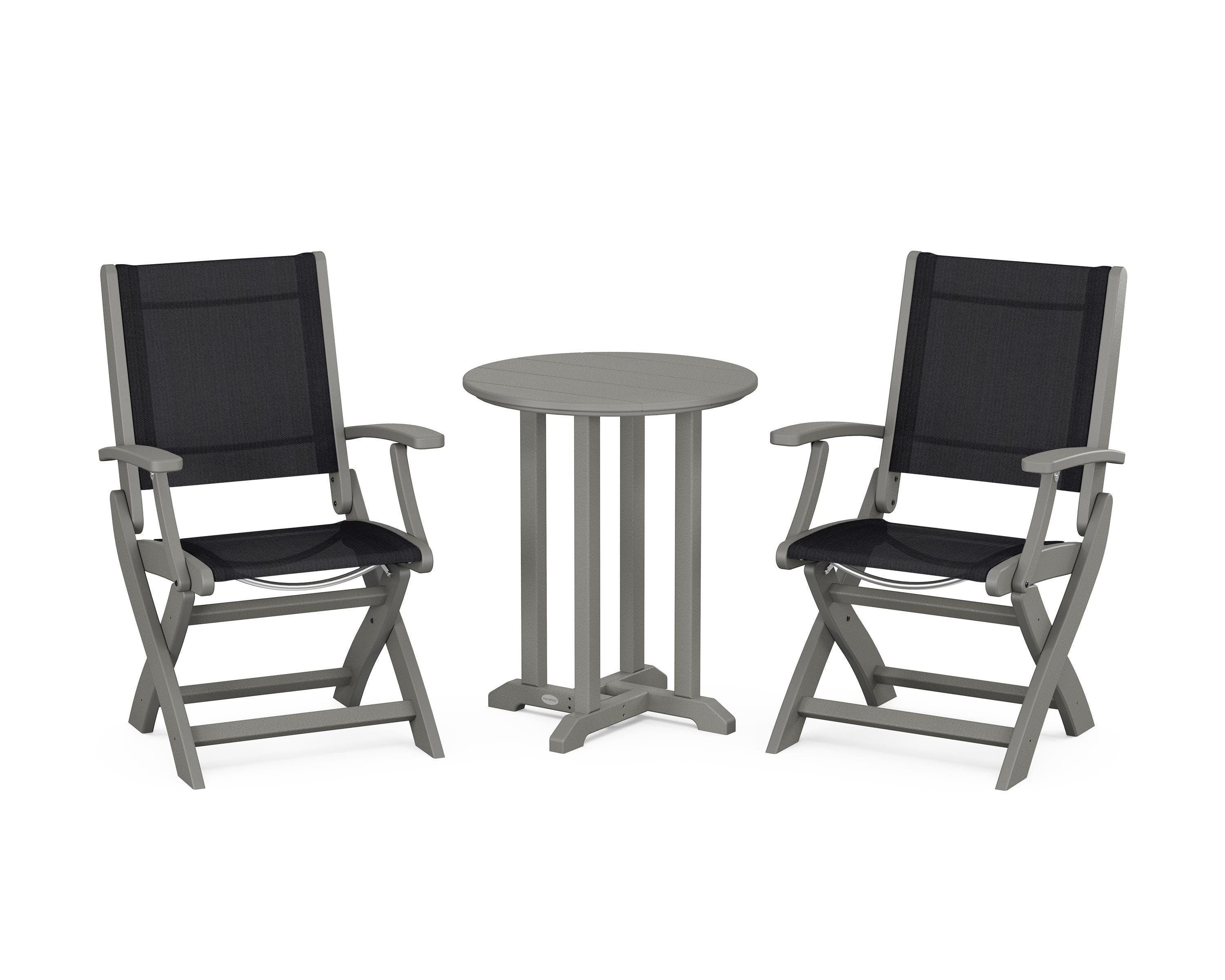 POLYWOOD Coastal Folding 3-Piece Round Bistro Dining Set in Slate Grey / Black Sling
