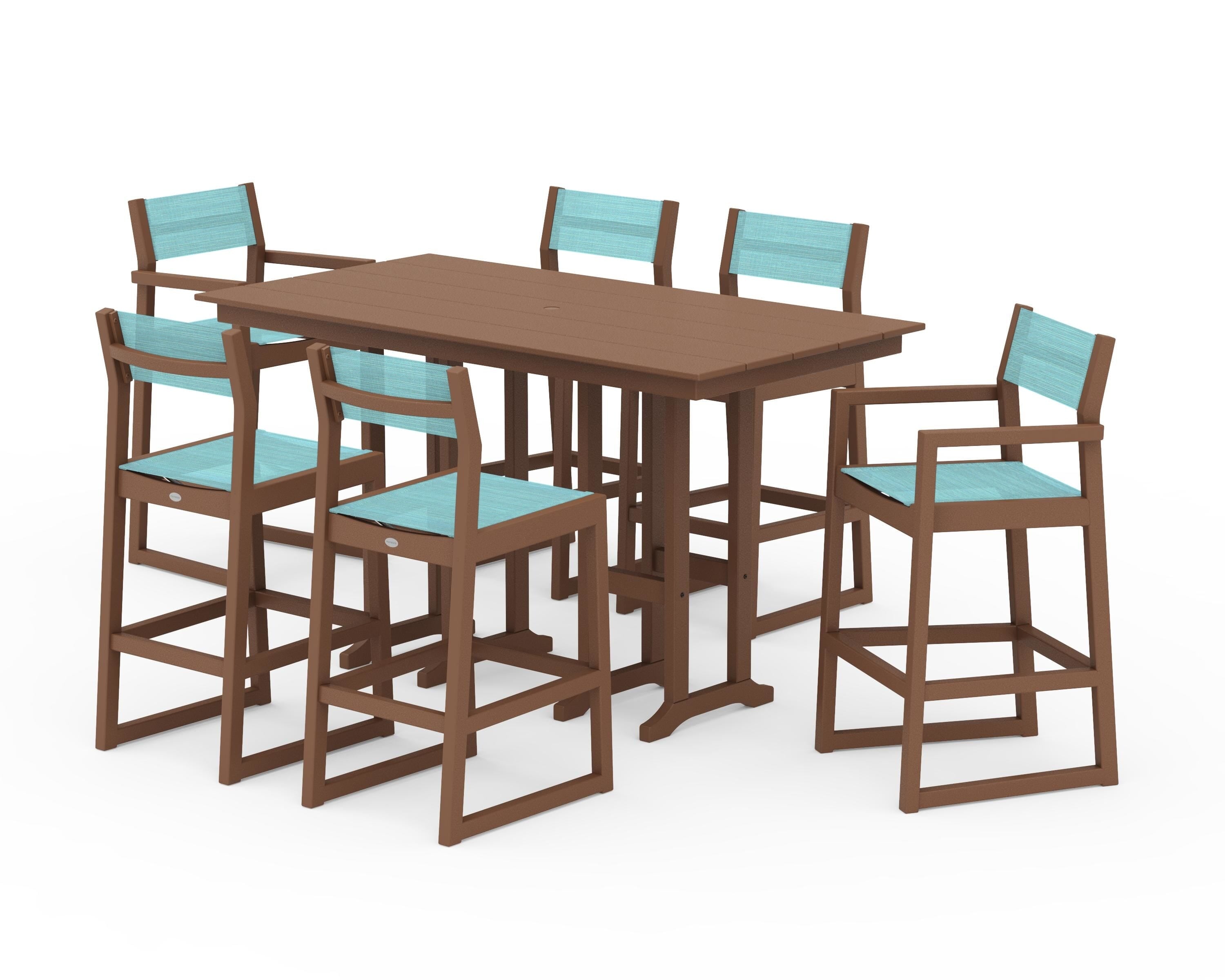 POLYWOOD EDGE Sling 7-Piece Farmhouse Bar Set in Teak / Dupioni Aquamarine Sling