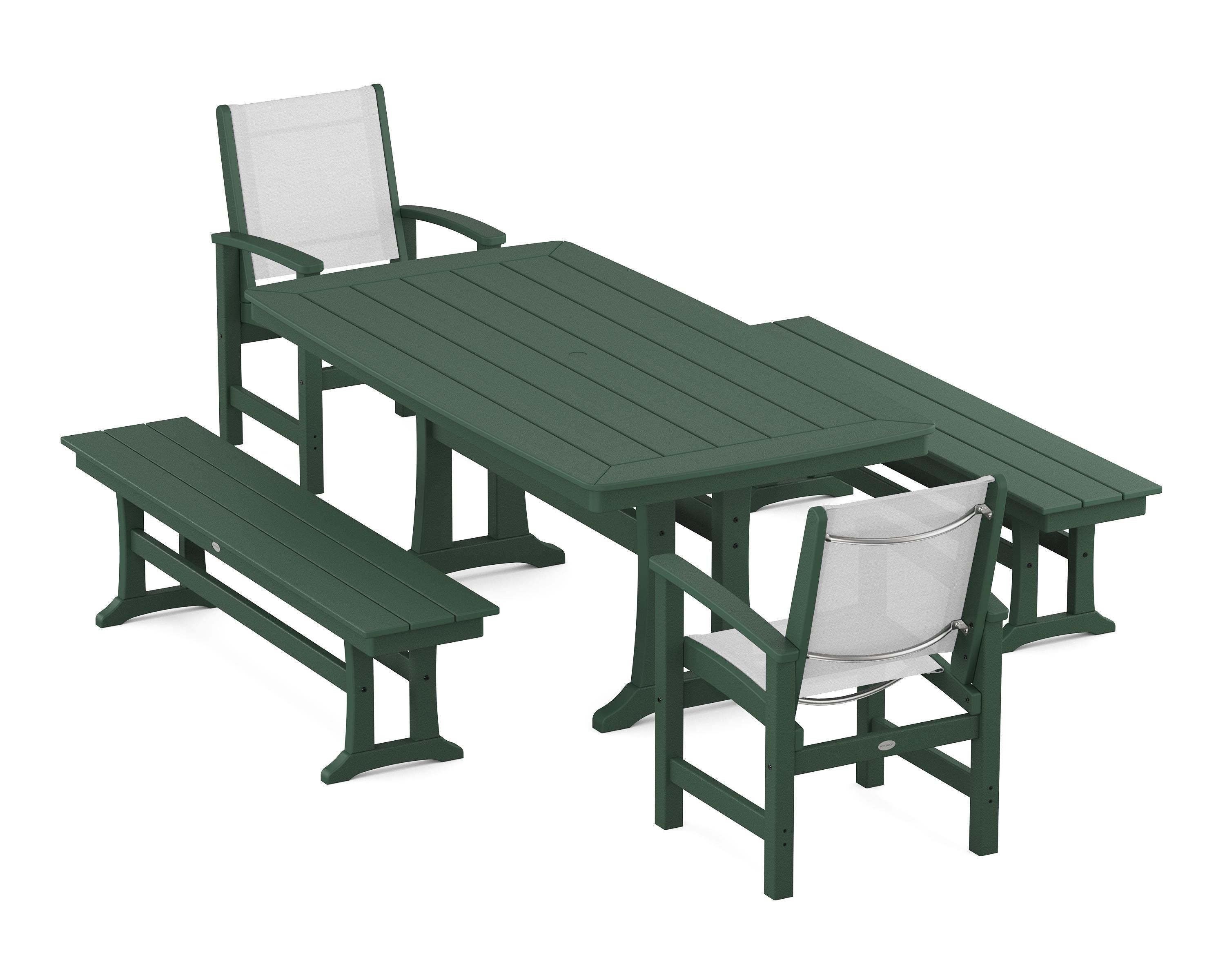 POLYWOOD Coastal 5-Piece Dining Set with Trestle Legs and Benches in Green / White Sling