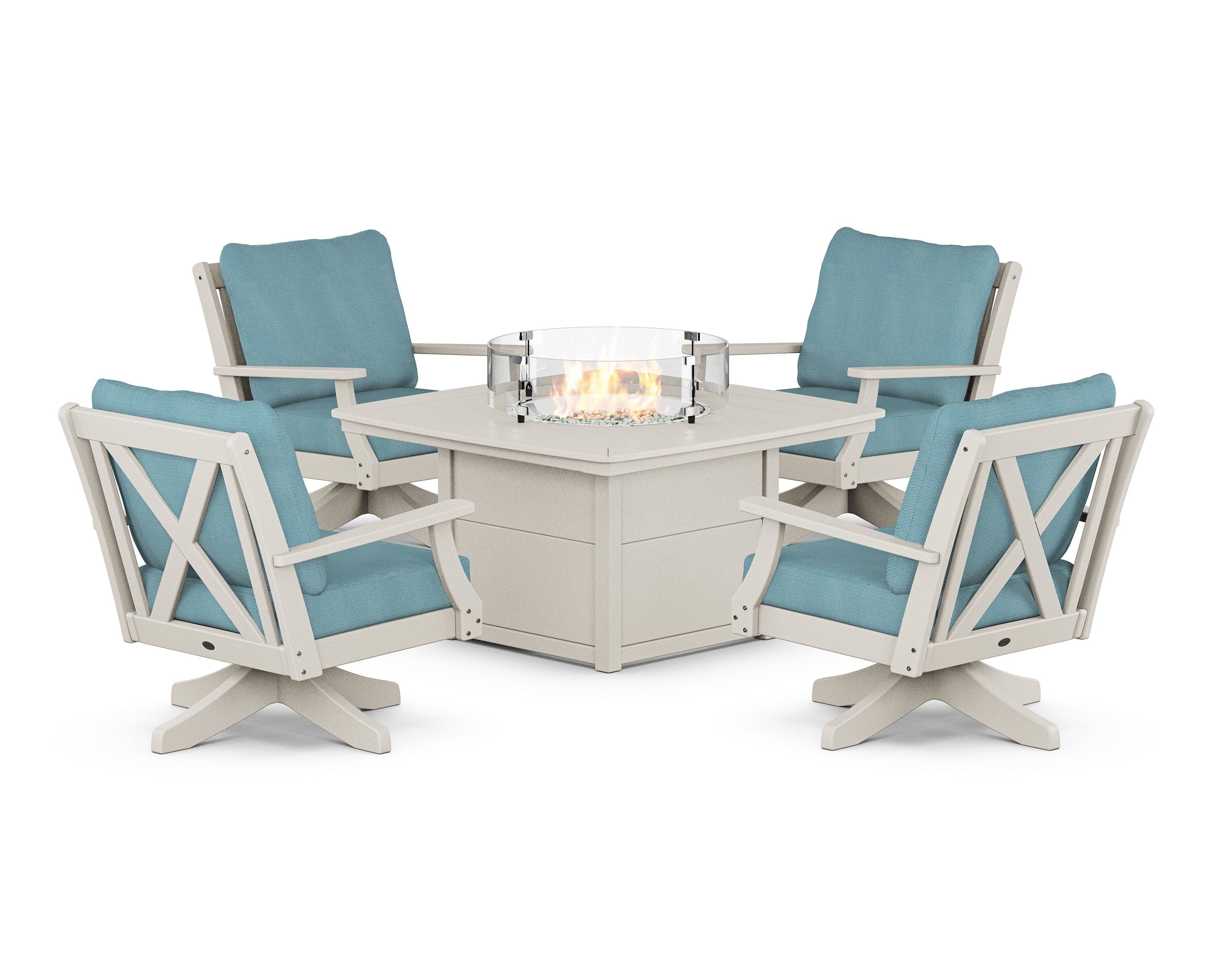 POLYWOOD Braxton 5-Piece Deep Seating Swivel Conversation Set with Fire Pit Table in Sand / Lattice Sky Blue