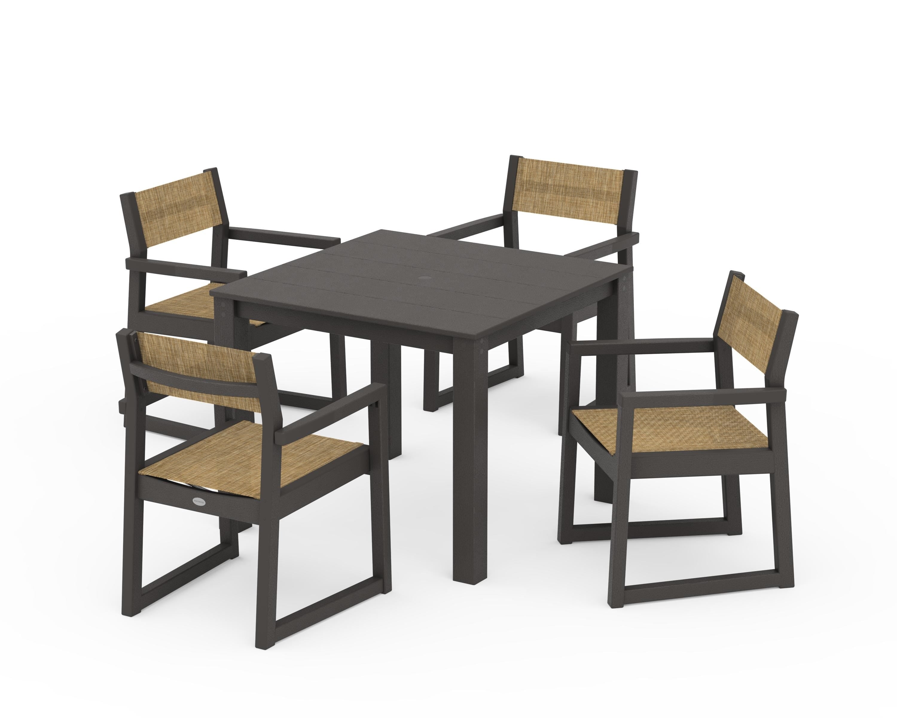 POLYWOOD EDGE Sling Arm Chair 5-Piece Parsons Dining Set in Vintage Coffee / Burlap Sling