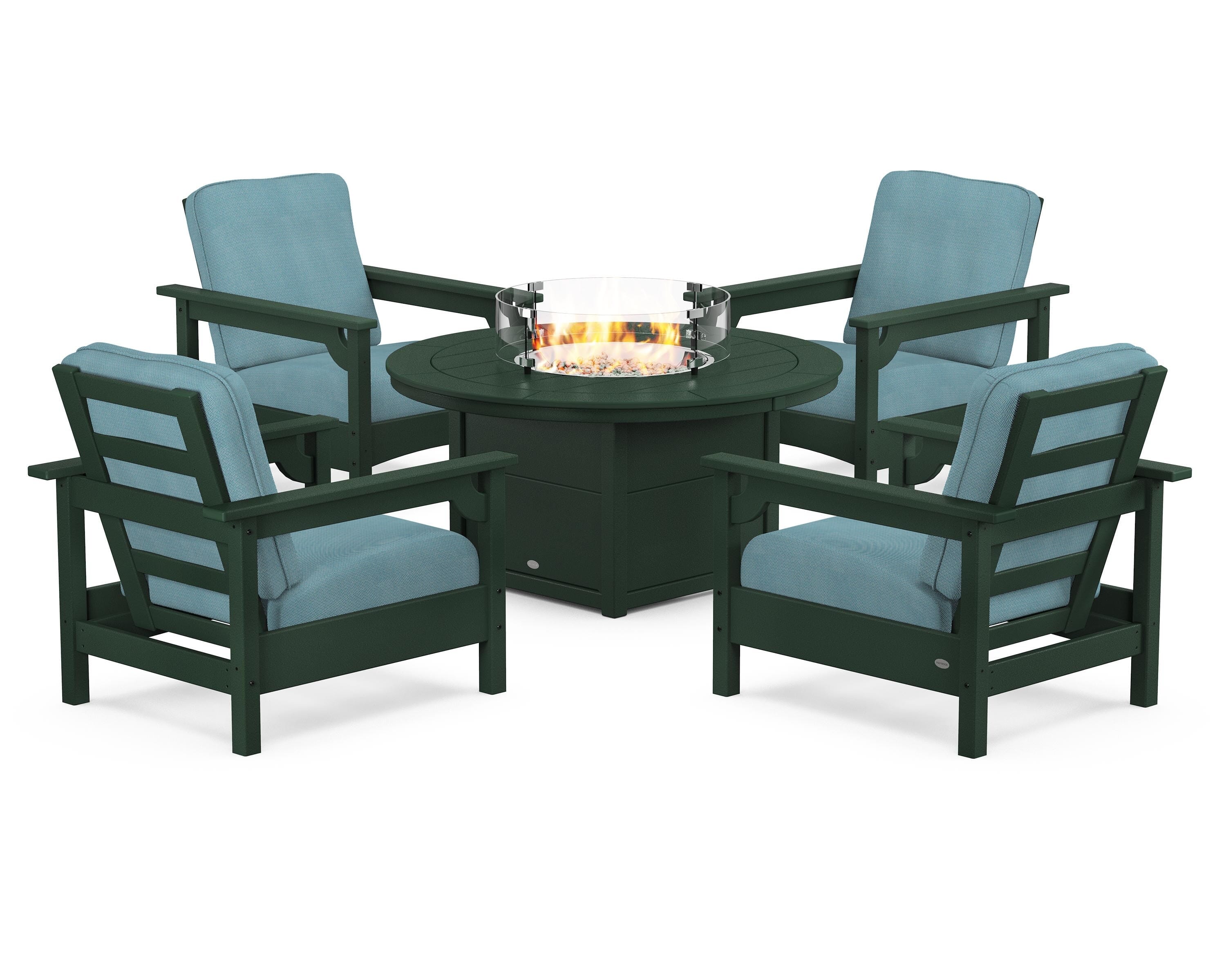 POLYWOOD Club 5-Piece Conversation Set with Fire Pit Table in Green / Lattice Sky Blue