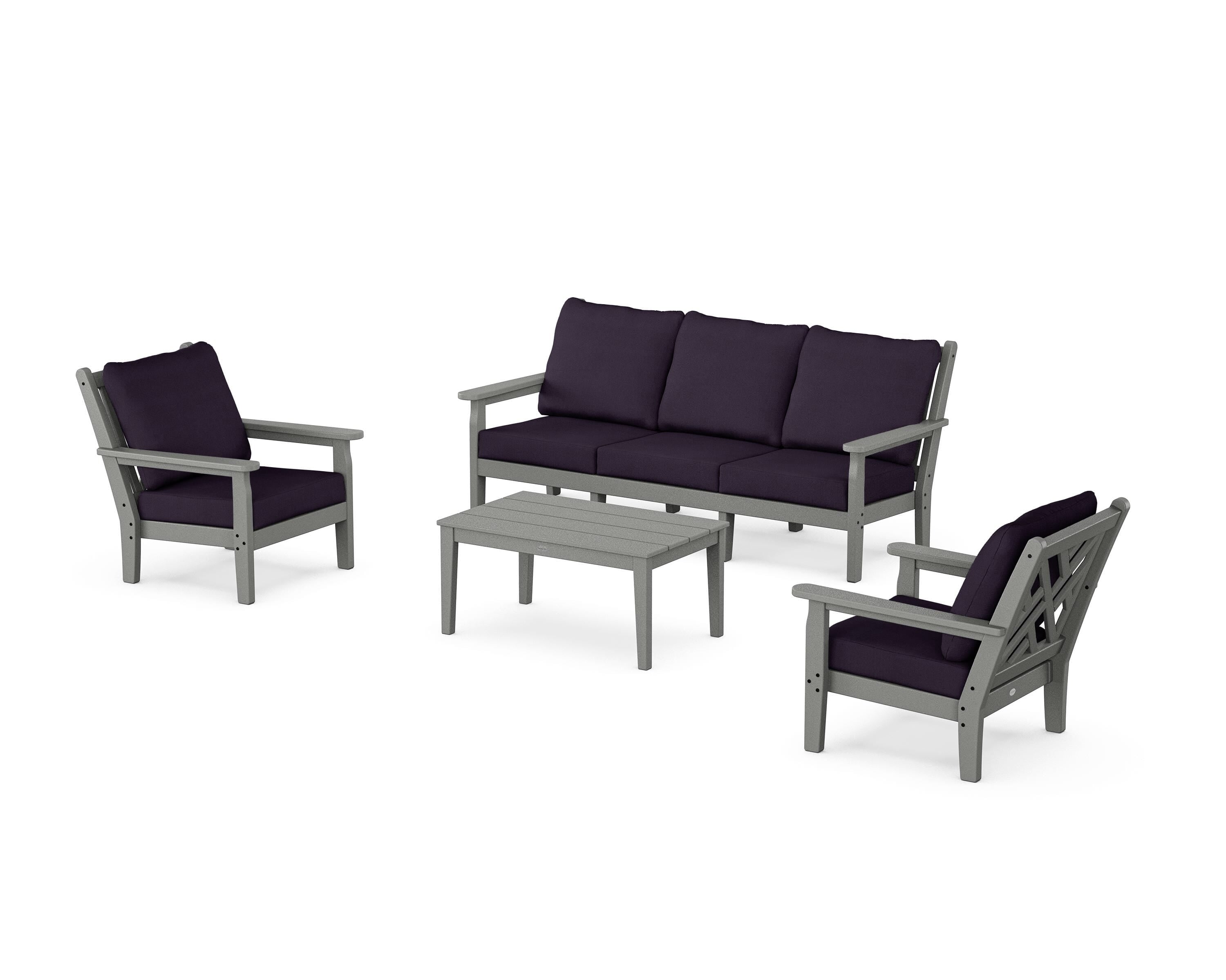 POLYWOOD Chippendale 4-Piece Deep Seating Set with Sofa in Slate Grey / Navy Linen