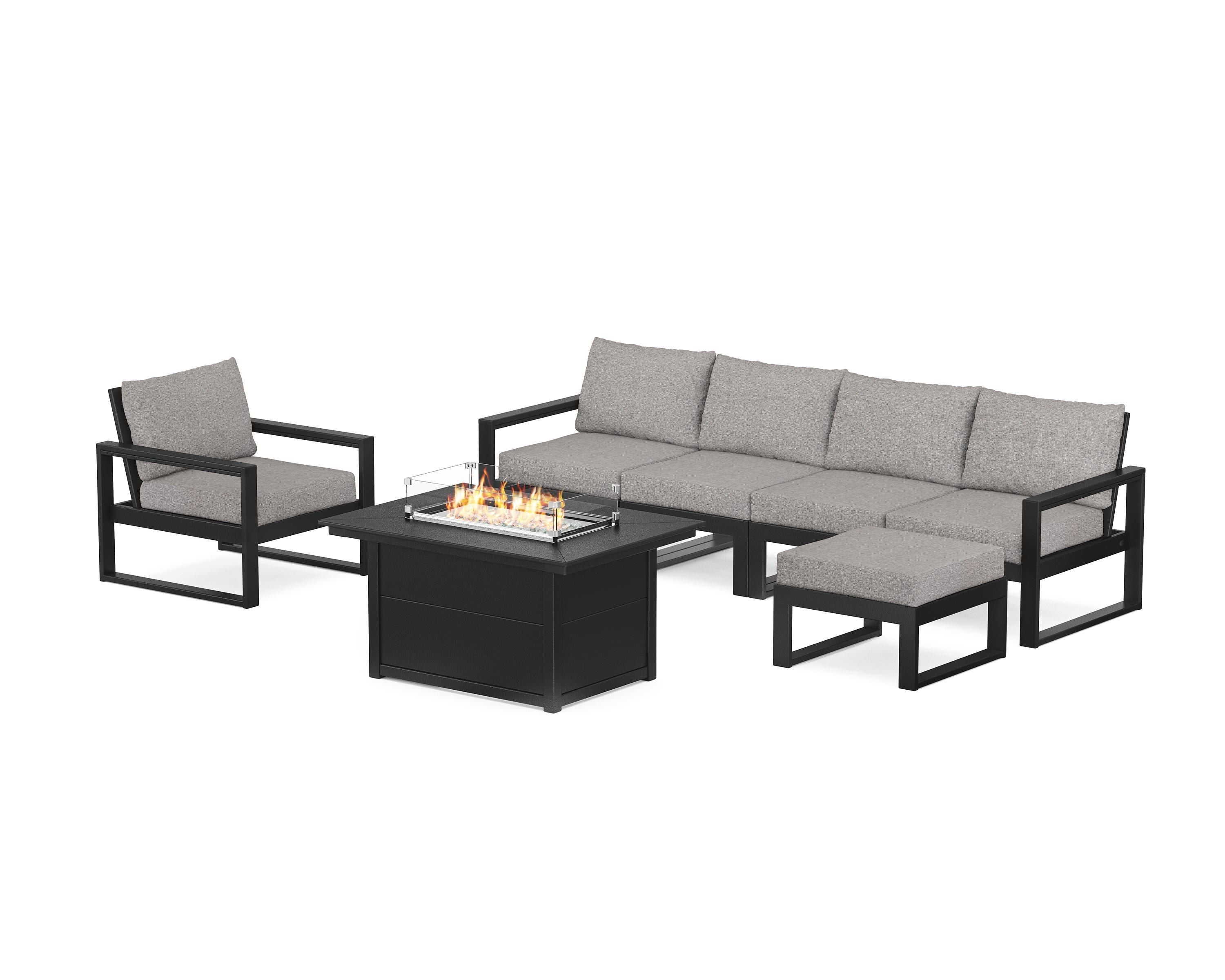 POLYWOOD EDGE Sectional Lounge and Fire Pit Set in Black / Grey Mist