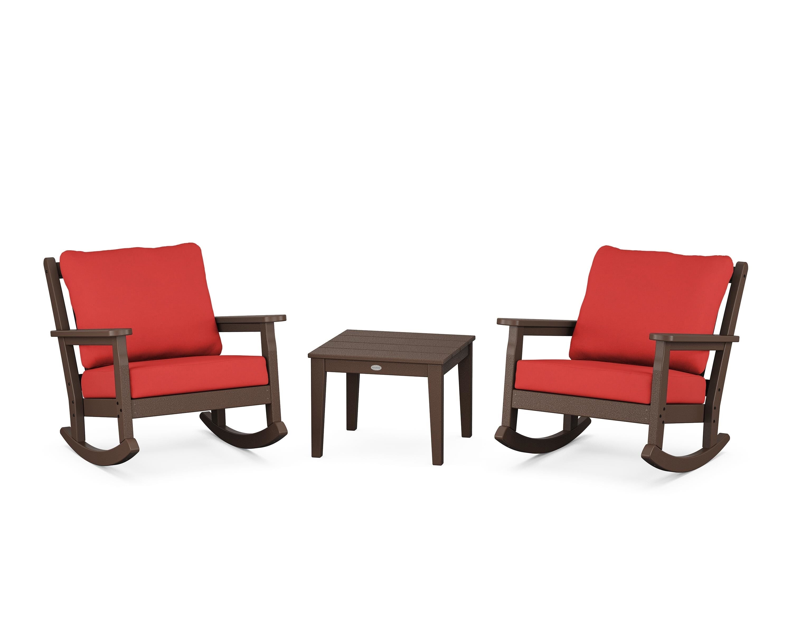 POLYWOOD Chippendale 3-Piece Deep Seating Rocker Set in Mahogany / Crimson Linen
