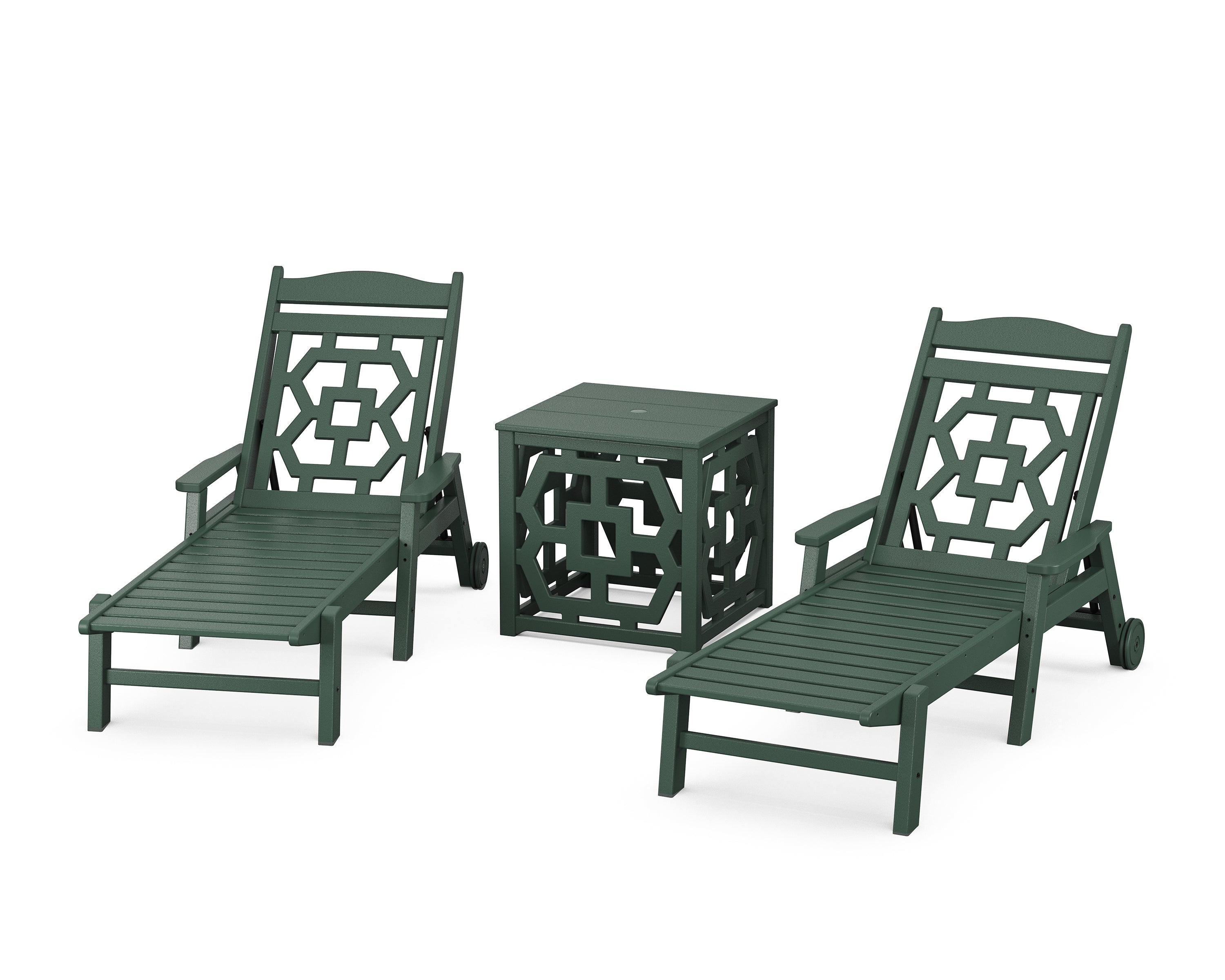 Martha Stewart by POLYWOOD Chinoiserie 3-Piece Chaise Set with Umbrella Stand Accent Table in Green