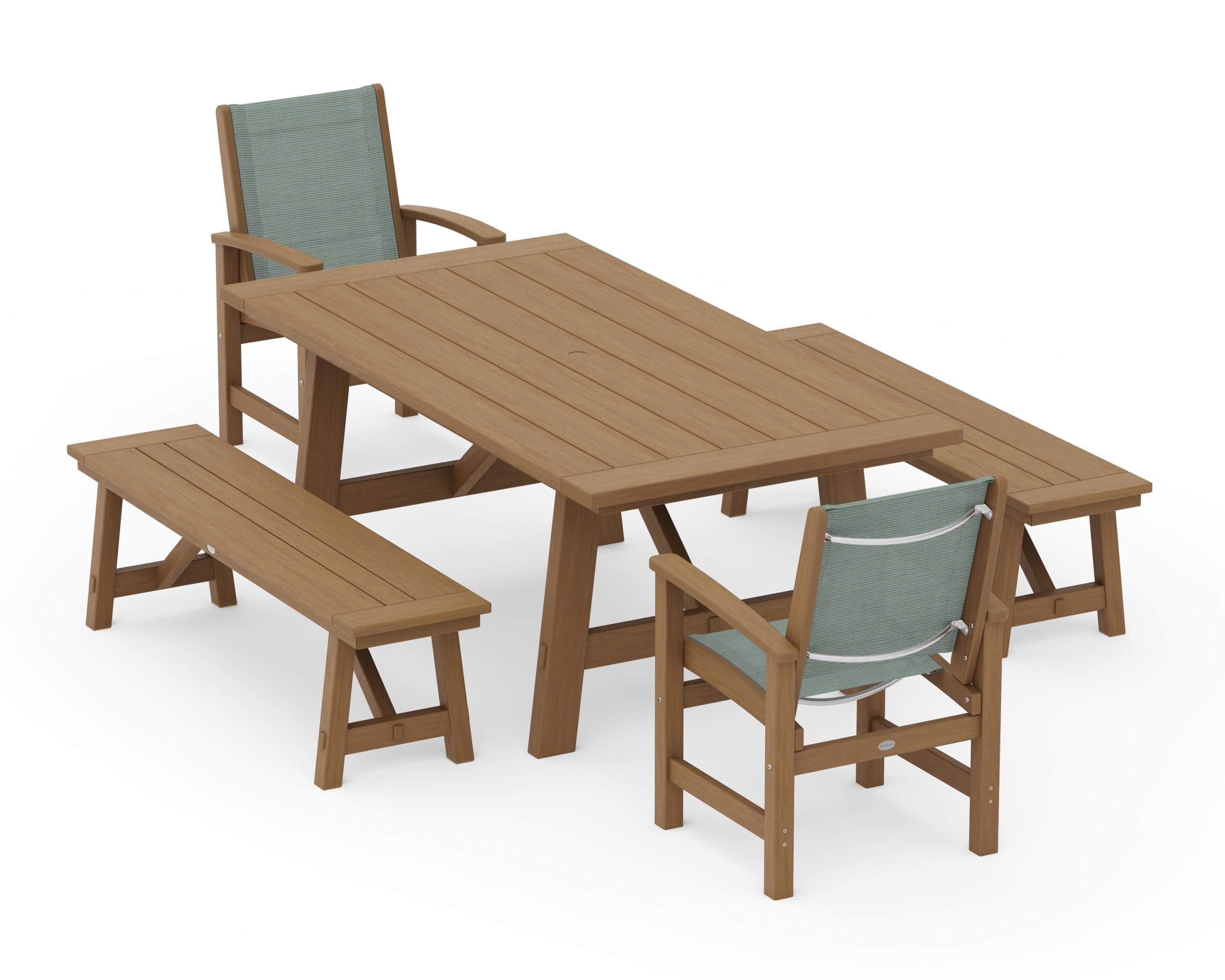 POLYWOOD Coastal 5-Piece Rustic Farmhouse Dining Set With Benches in Natural / Dupioni Sea Mist Sling
