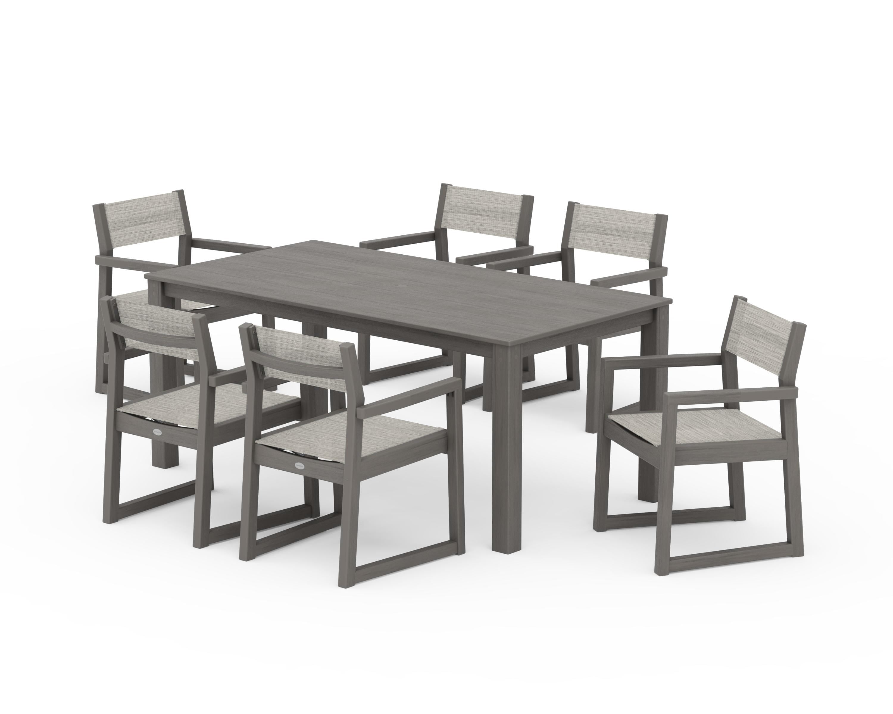 POLYWOOD EDGE Sling Arm Chair 7-Piece Parsons Dining Set in Driftwood / Birch Sling
