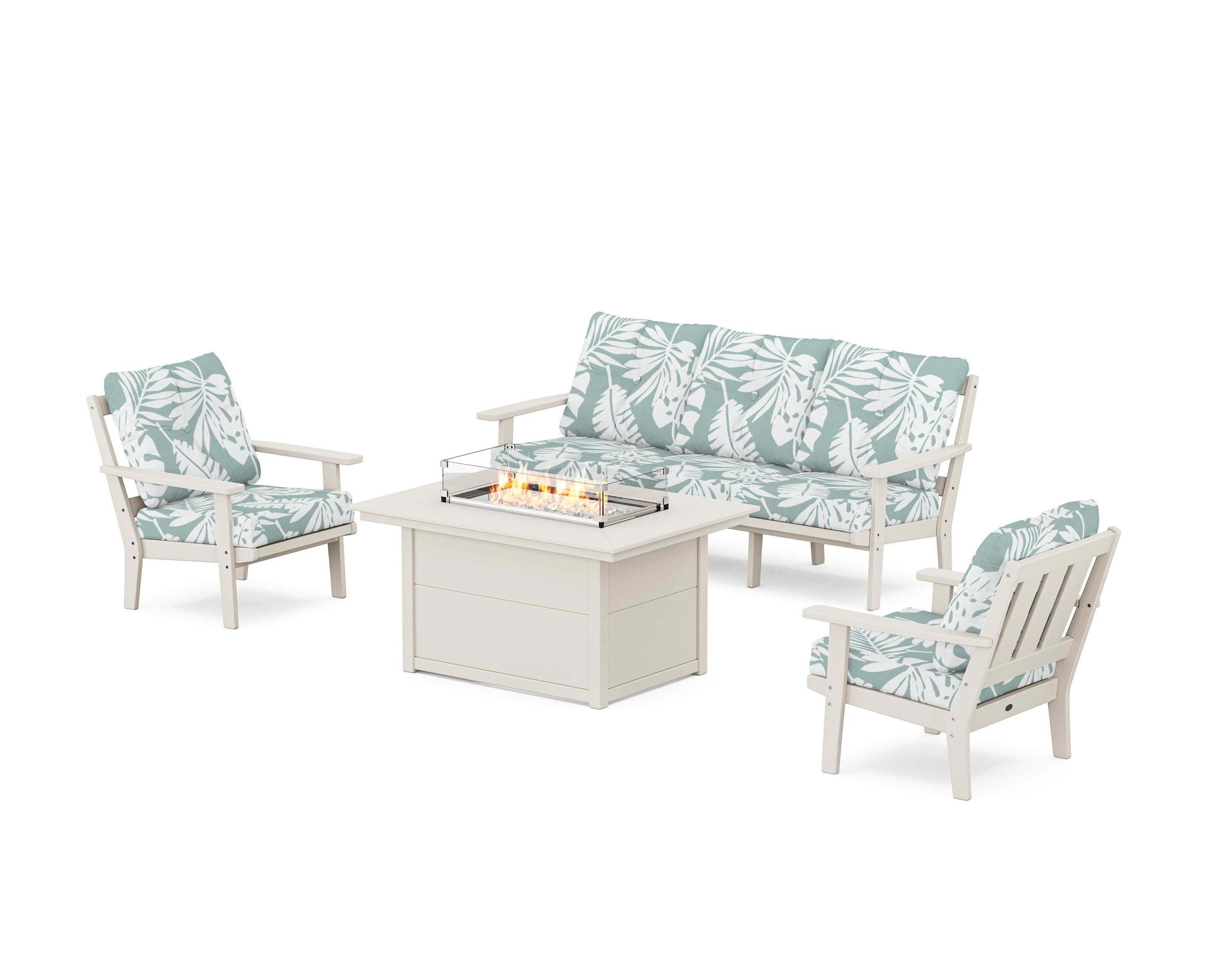 POLYWOOD Oxford Deep Seating Fire Pit Table Set in Sand / Leaf Glacier Spa