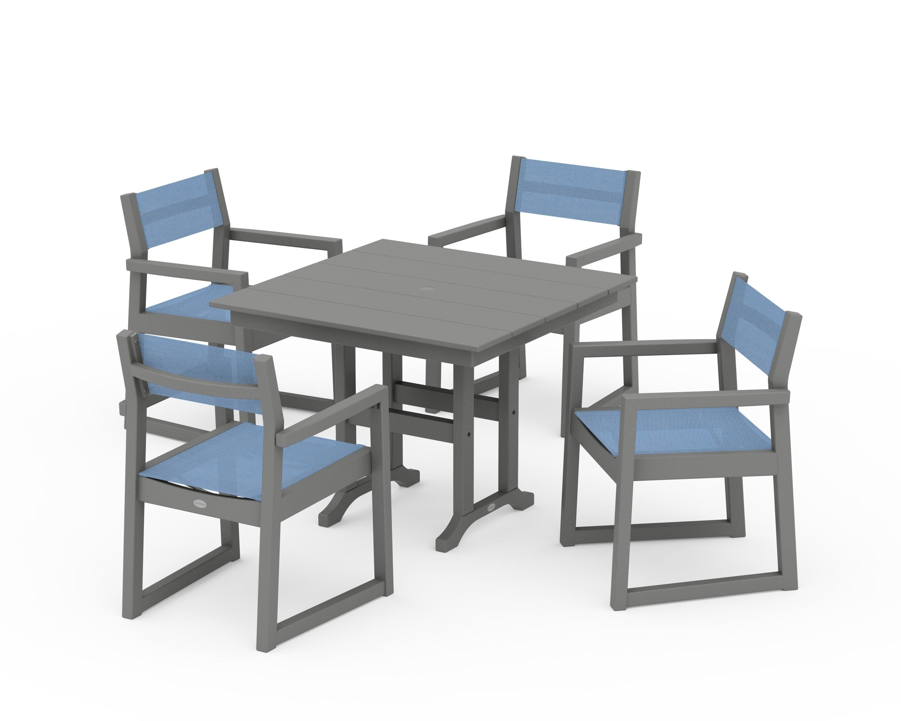 POLYWOOD EDGE Sling Arm Chair 5-Piece Farmhouse Dining Set in Slate Grey / Poolside Sling