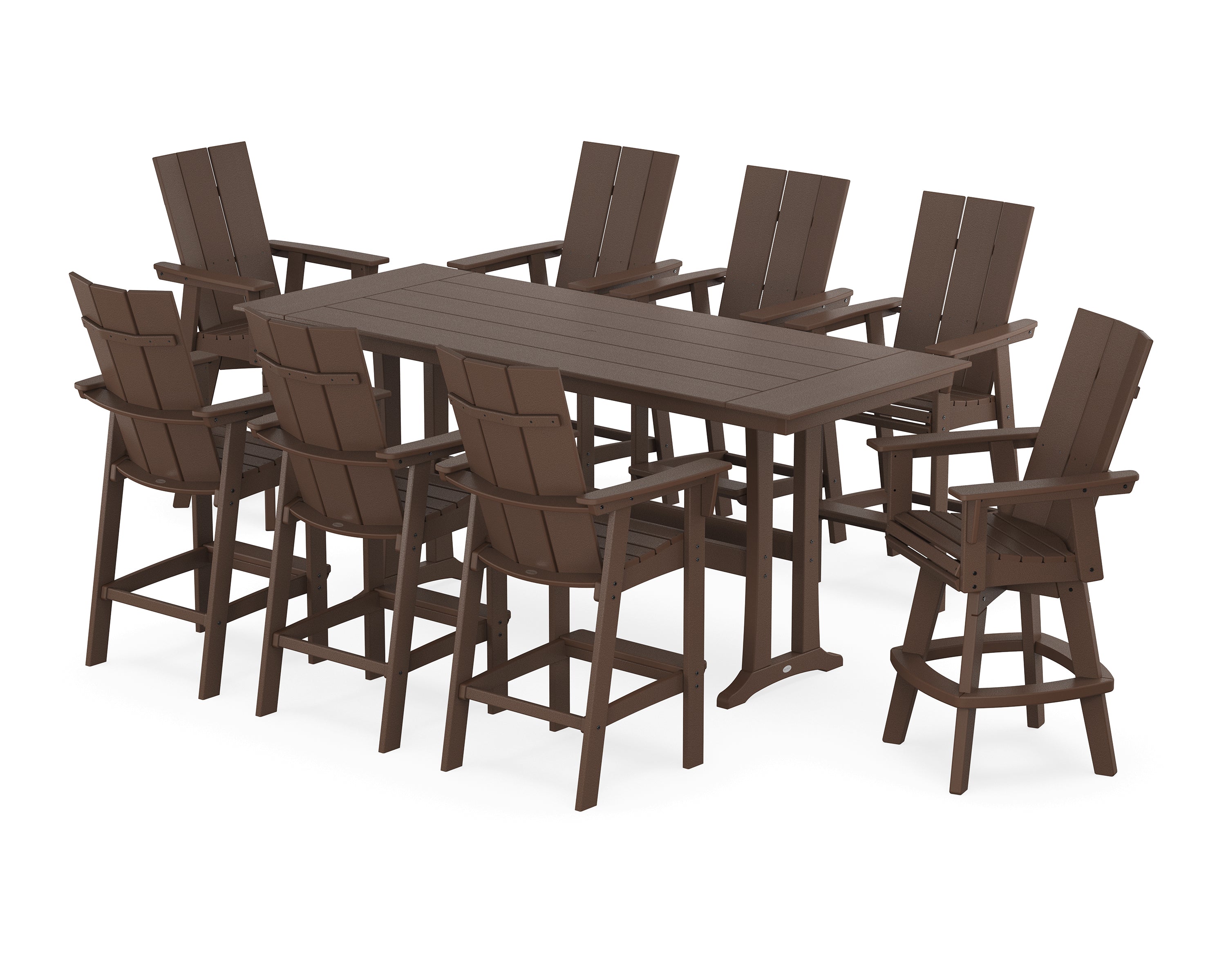 POLYWOOD® Modern Curveback Adirondack Swivel 9-Piece Farmhouse Bar Set with Trestle Legs in Mahogany