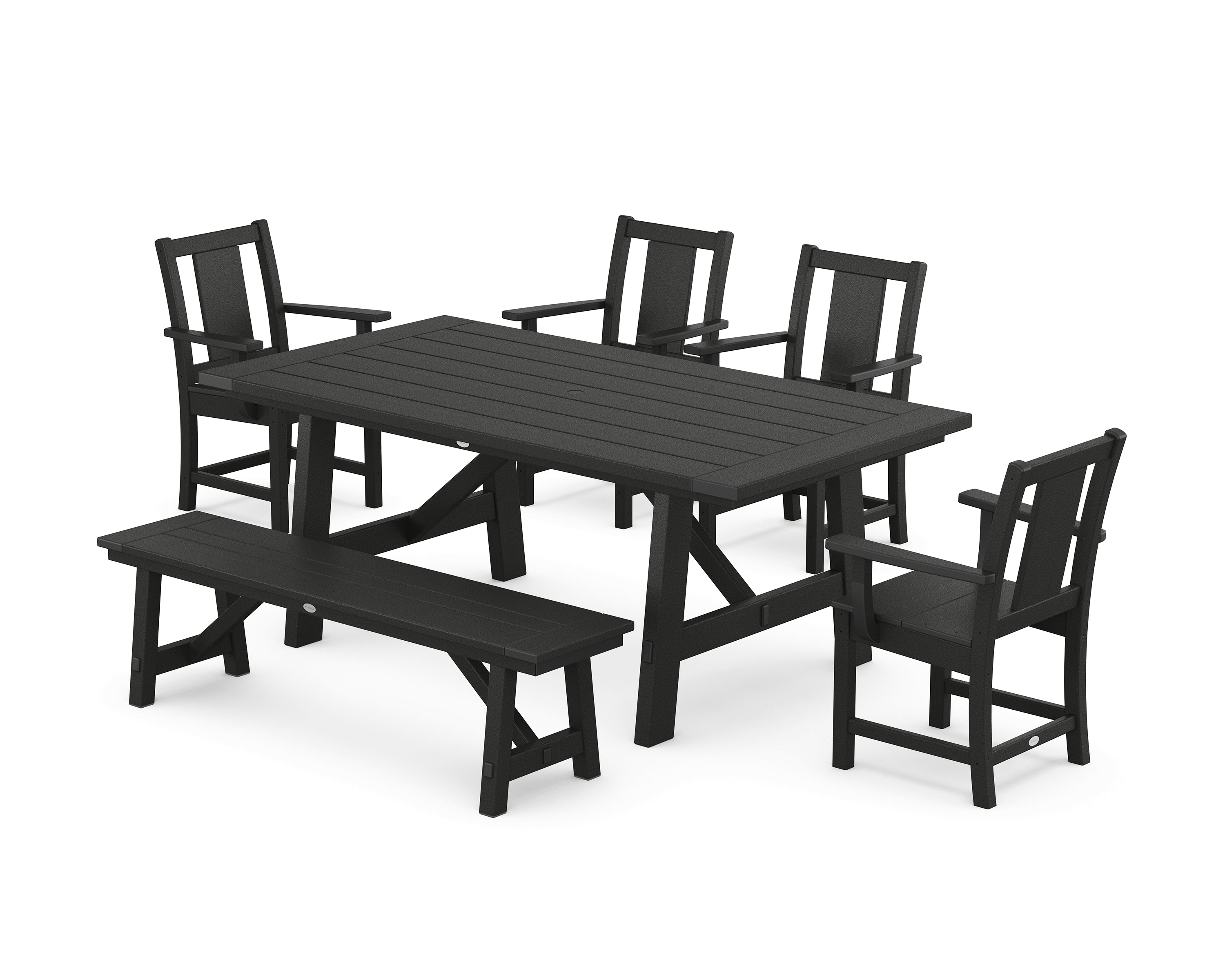POLYWOOD Prairie 6-Piece Rustic Farmhouse Dining Set with Bench in Black