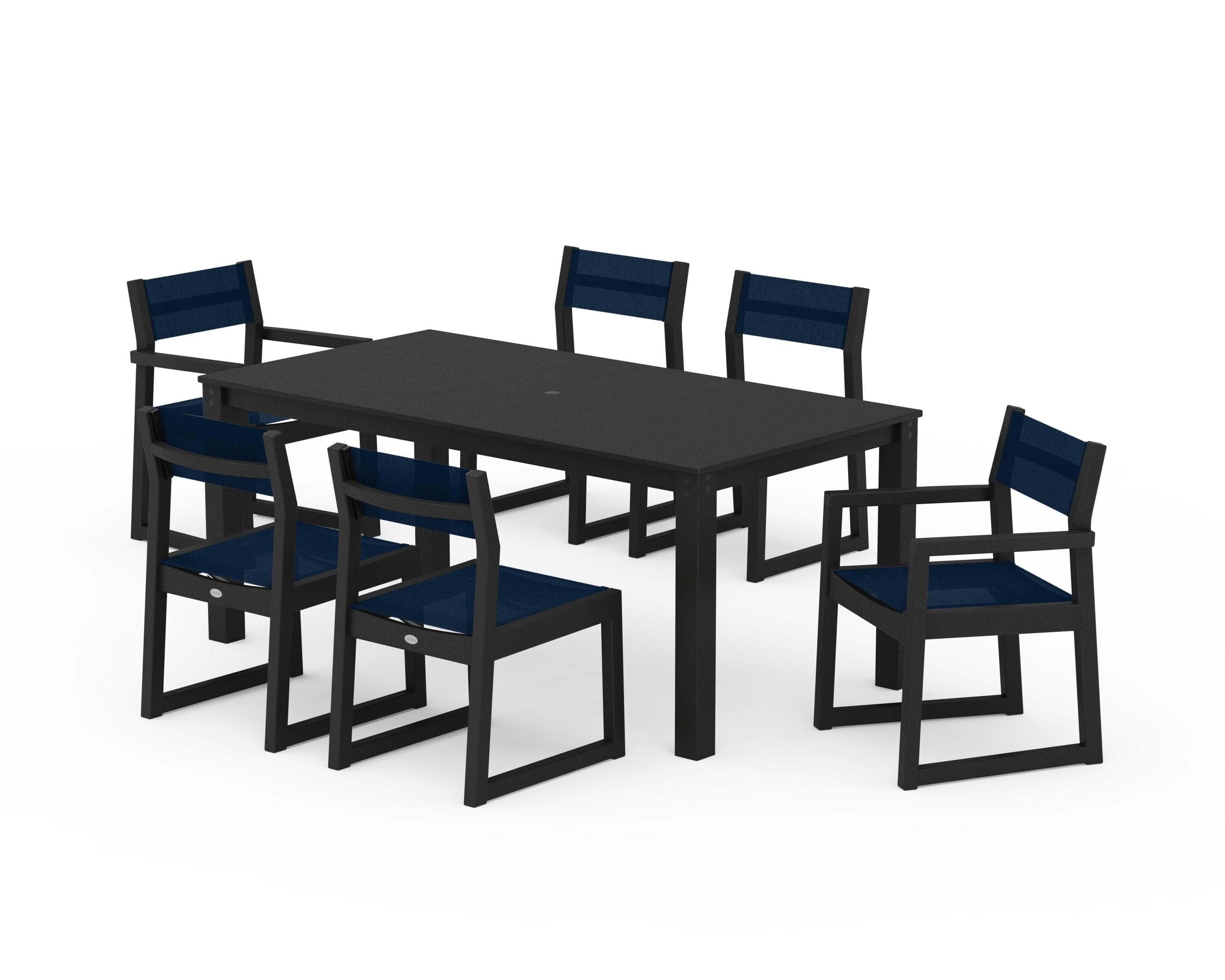 POLYWOOD EDGE Sling 7-Piece Parsons Dining Set in Black / Navy Blue Sling