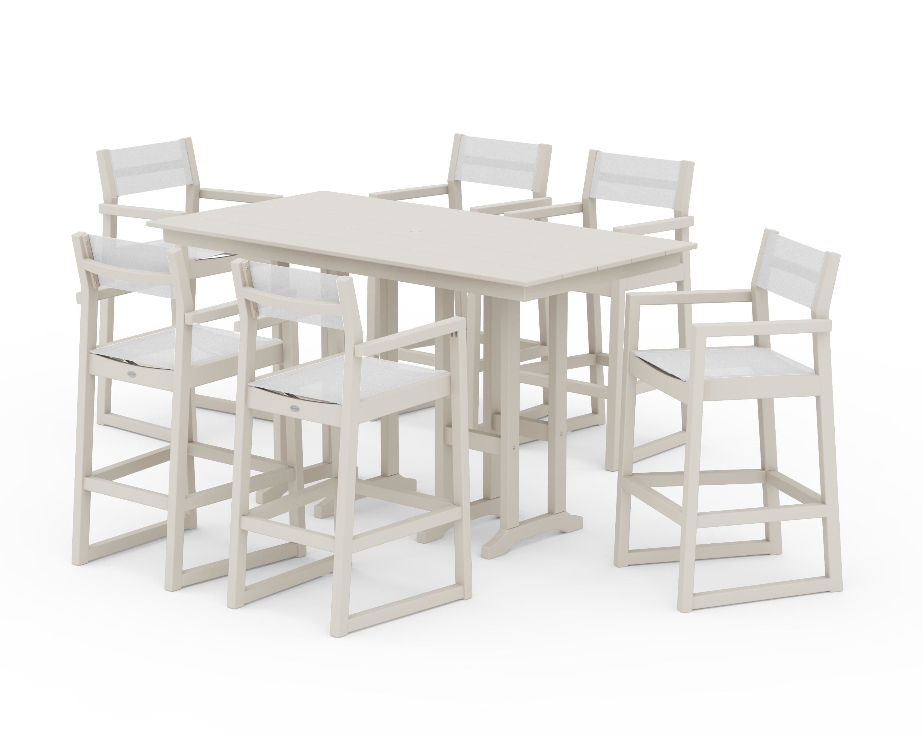 POLYWOOD EDGE Sling Arm Chair 7-Piece Farmhouse Bar Set in Sand / White Sling