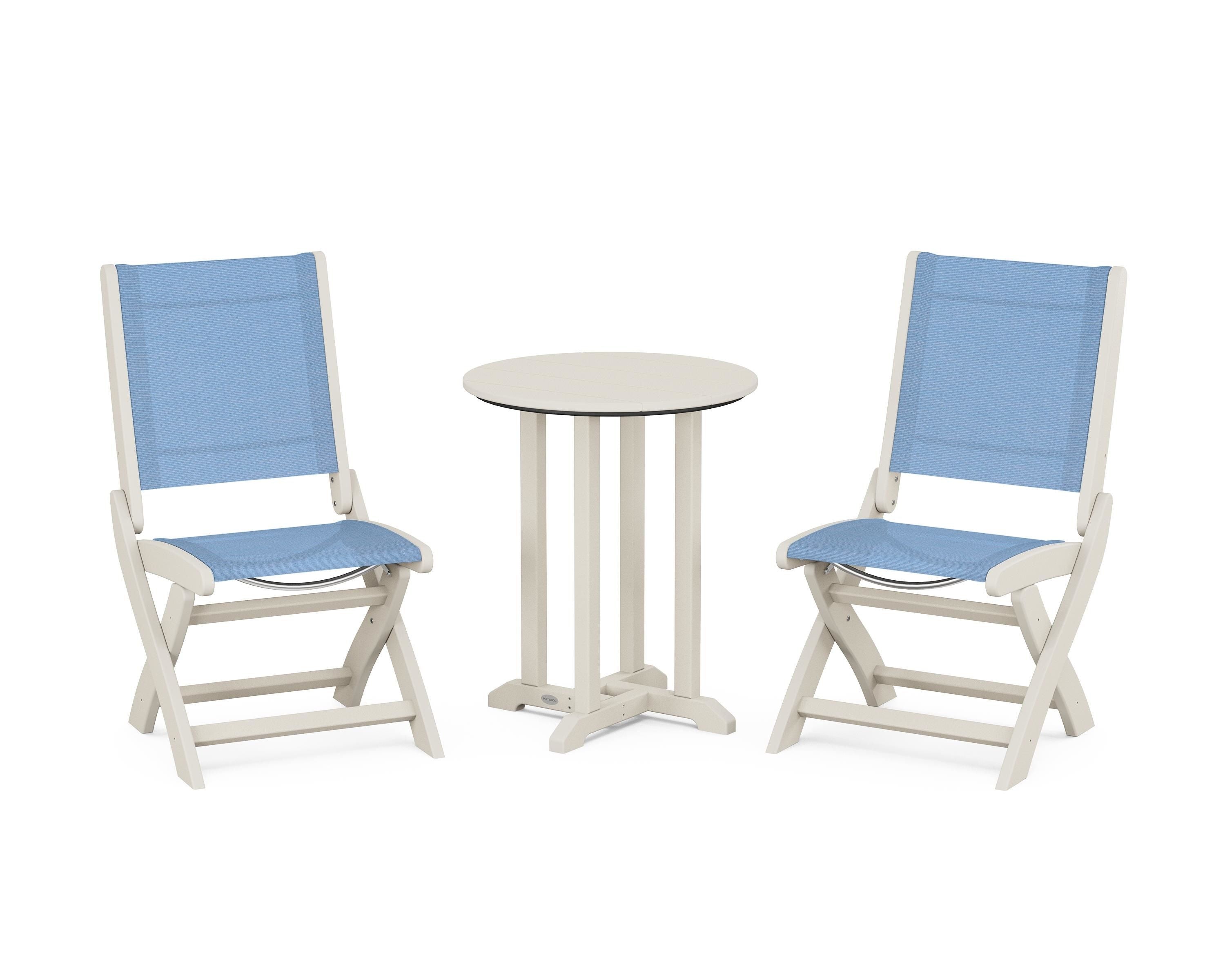 POLYWOOD Coastal Folding Side Chair 3-Piece Round Bistro Dining Set in Sand / Poolside Sling