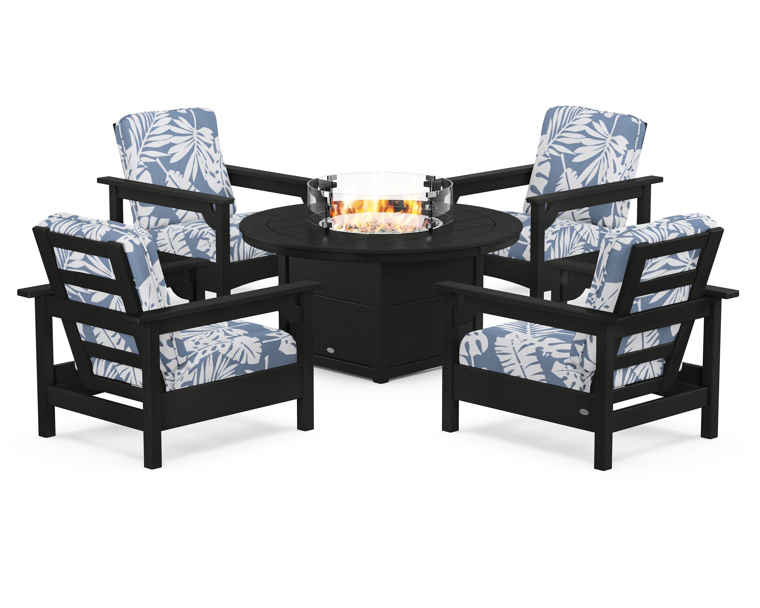 POLYWOOD Club 5-Piece Conversation Set with Fire Pit Table in Black / Leaf Sky Blue