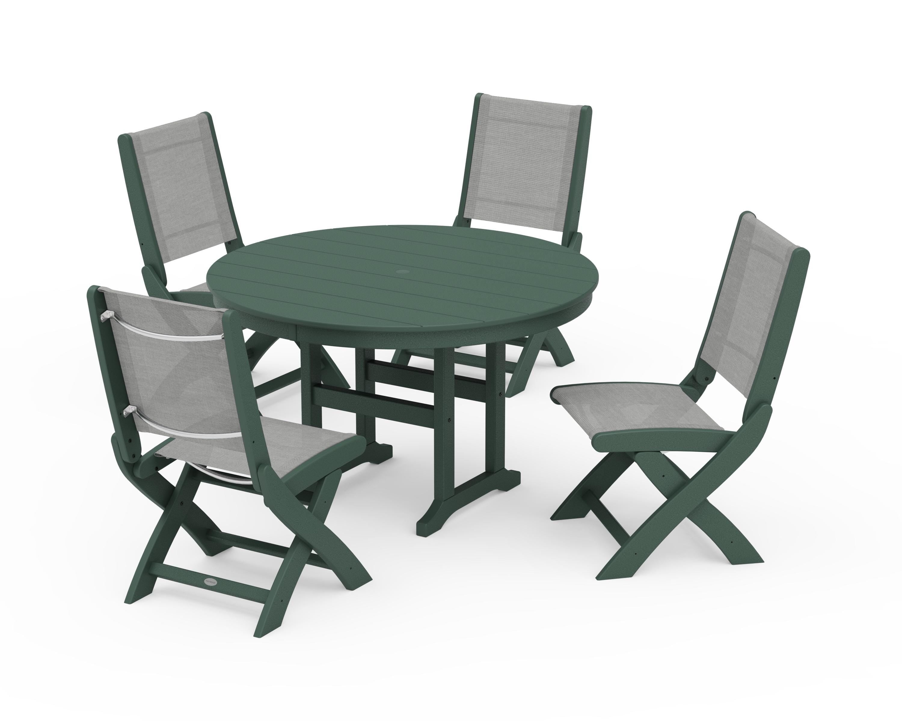 POLYWOOD Coastal Folding Side Chair 5-Piece Round Dining Set in Green / Metallic Sling