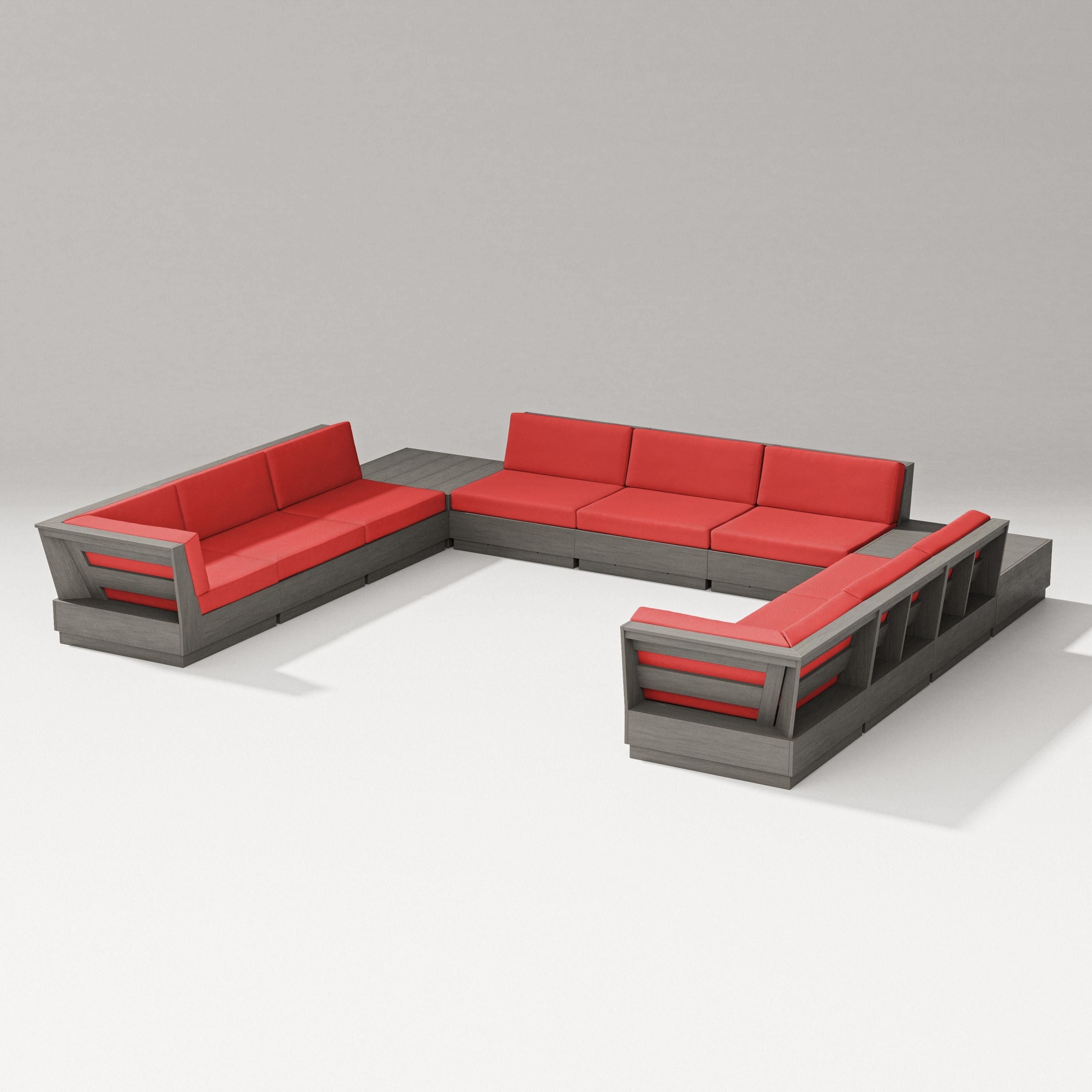 PW Designer Series Elevate 11-Piece U-Shaped Sofa Sectional in Driftwood / Crimson Linen