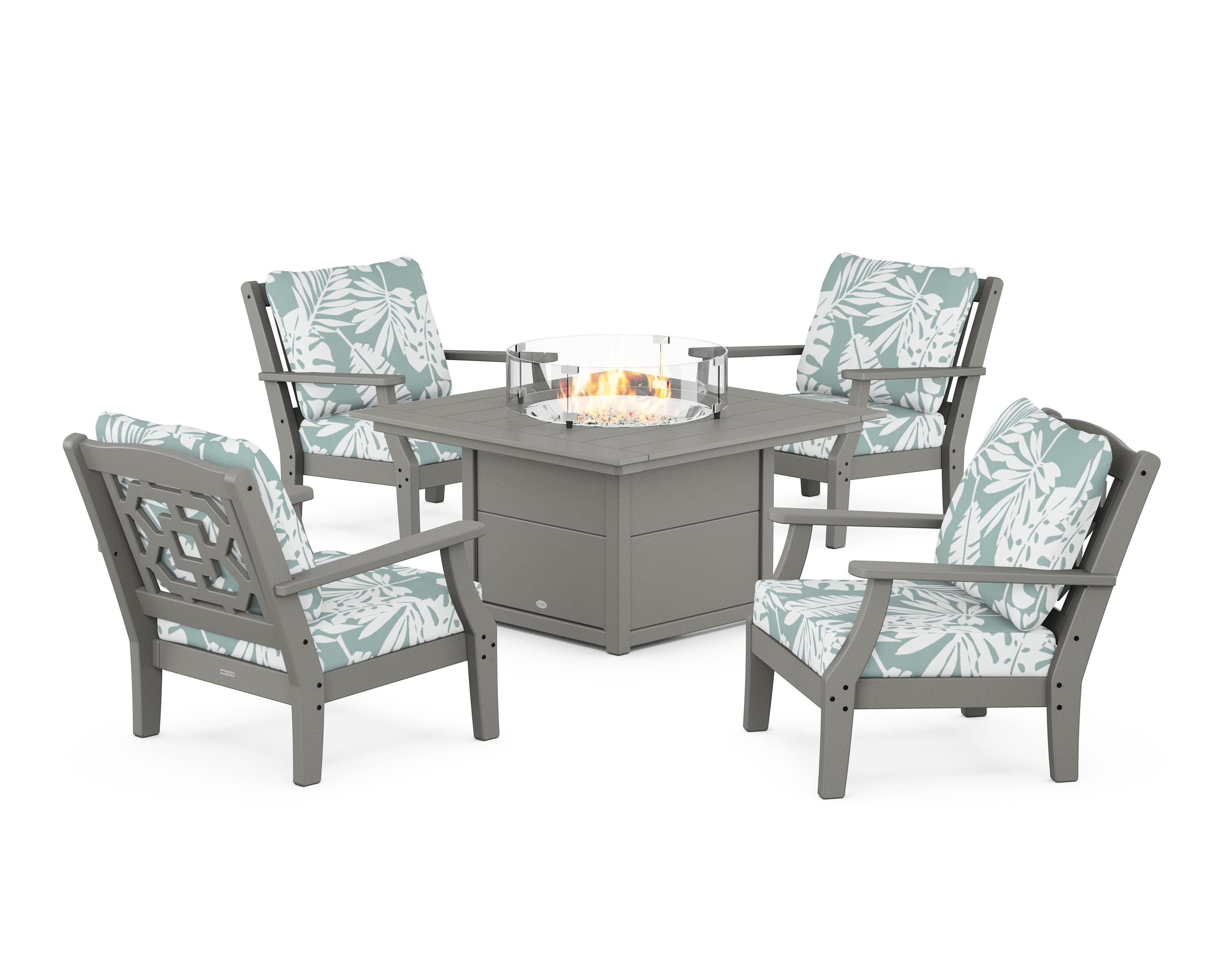 Martha Stewart by POLYWOOD Chinoiserie 5-Piece Deep Seating Set with Fire Pit Table in Slate Grey / Leaf Glacier Spa