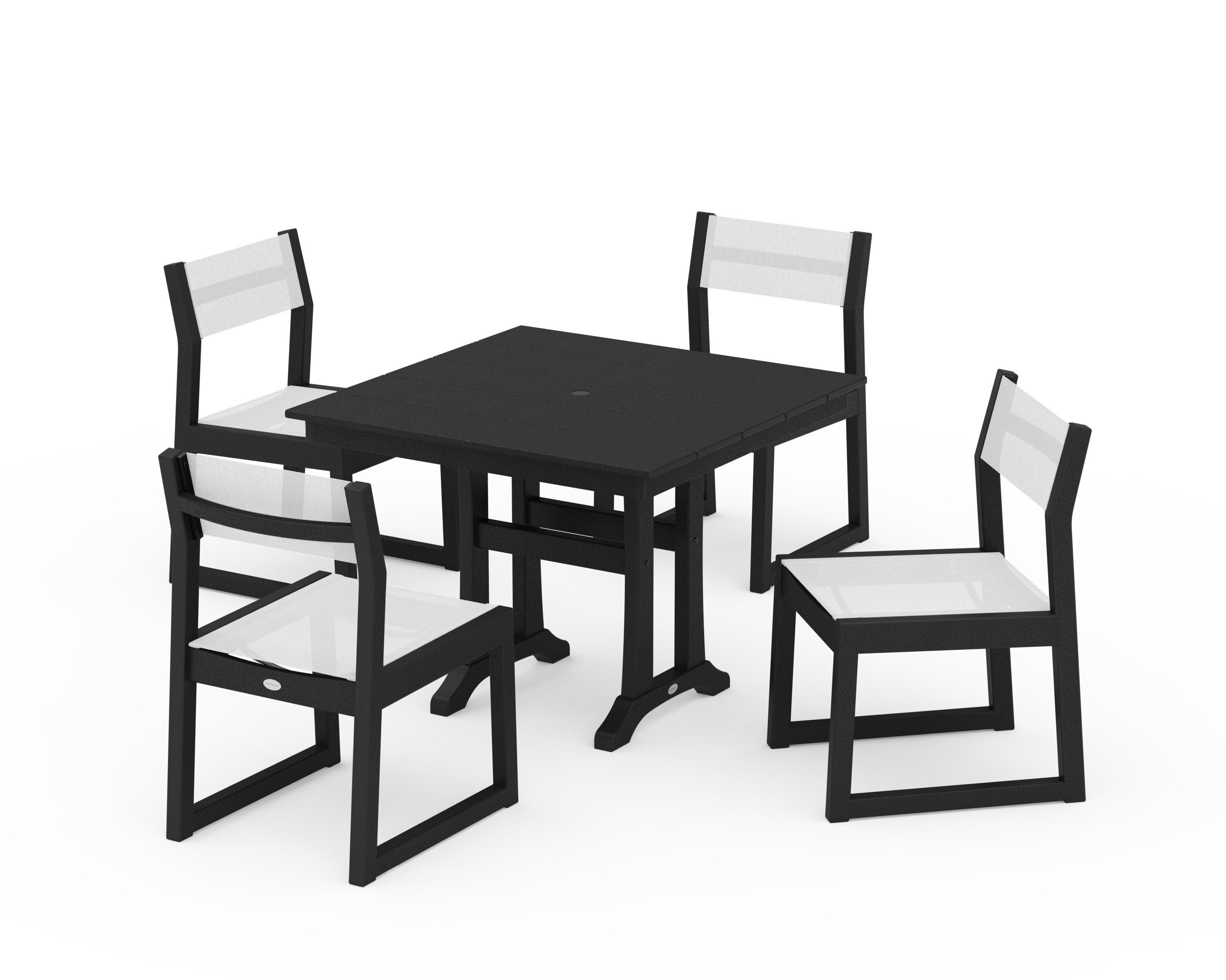 POLYWOOD EDGE Sling 5-Piece Farmhouse Trestle Side Chair Dining Set in Black / White Sling