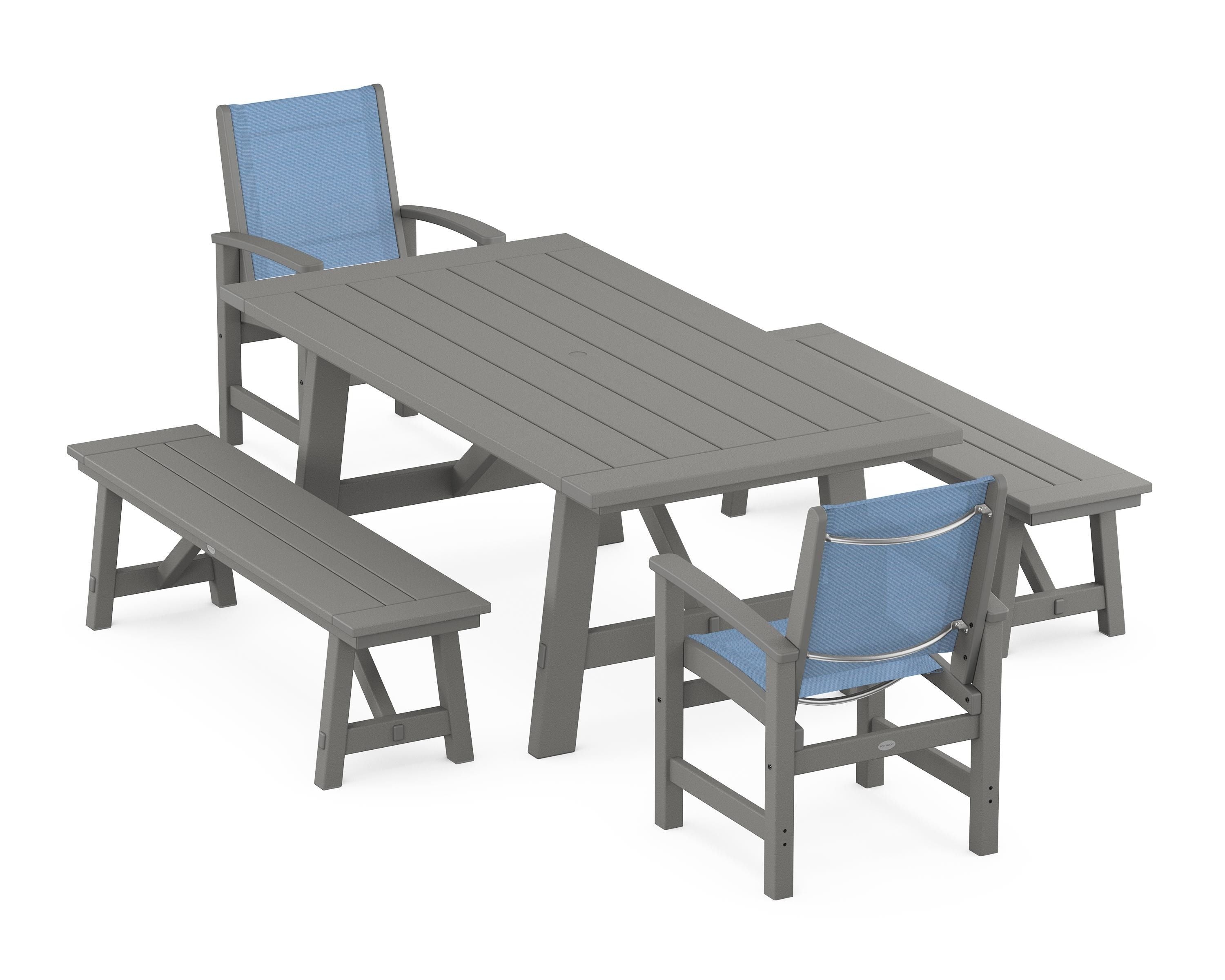 POLYWOOD Coastal 5-Piece Rustic Farmhouse Dining Set With Benches in Slate Grey / Poolside Sling