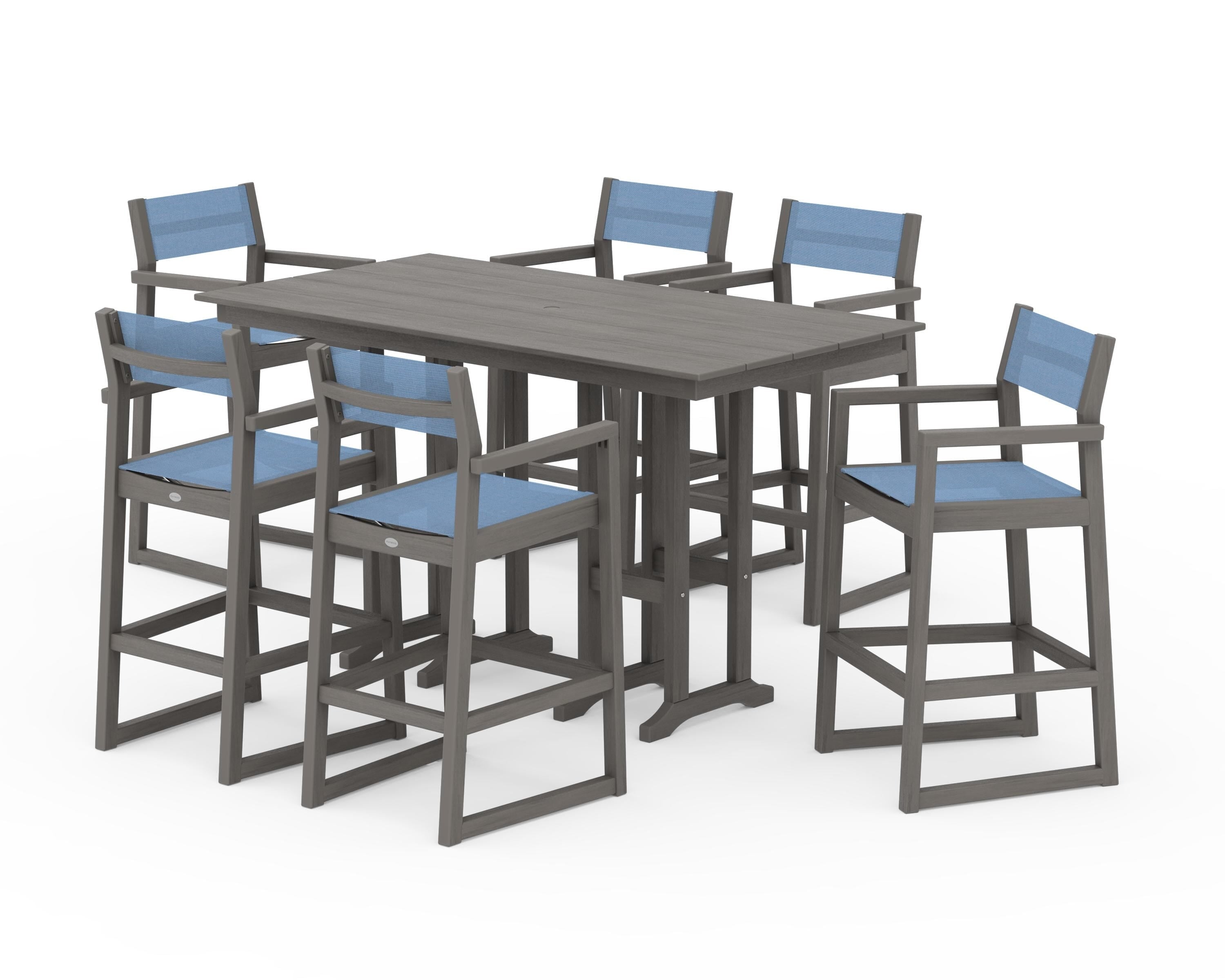 POLYWOOD EDGE Sling Arm Chair 7-Piece Farmhouse Bar Set in Driftwood / Poolside Sling