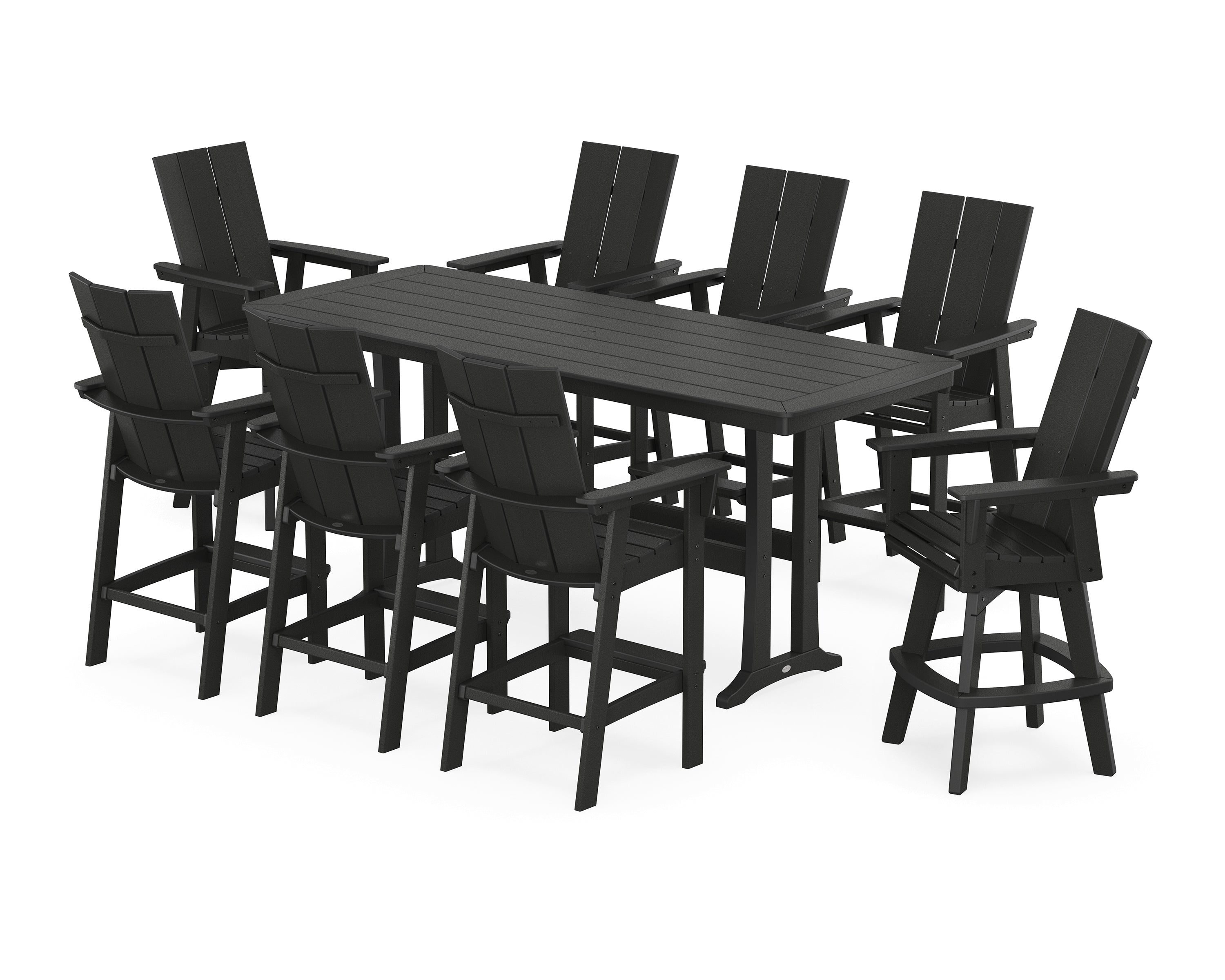 POLYWOOD® Modern Curveback Adirondack Swivel 9-Piece Bar Set with Trestle Legs in Black