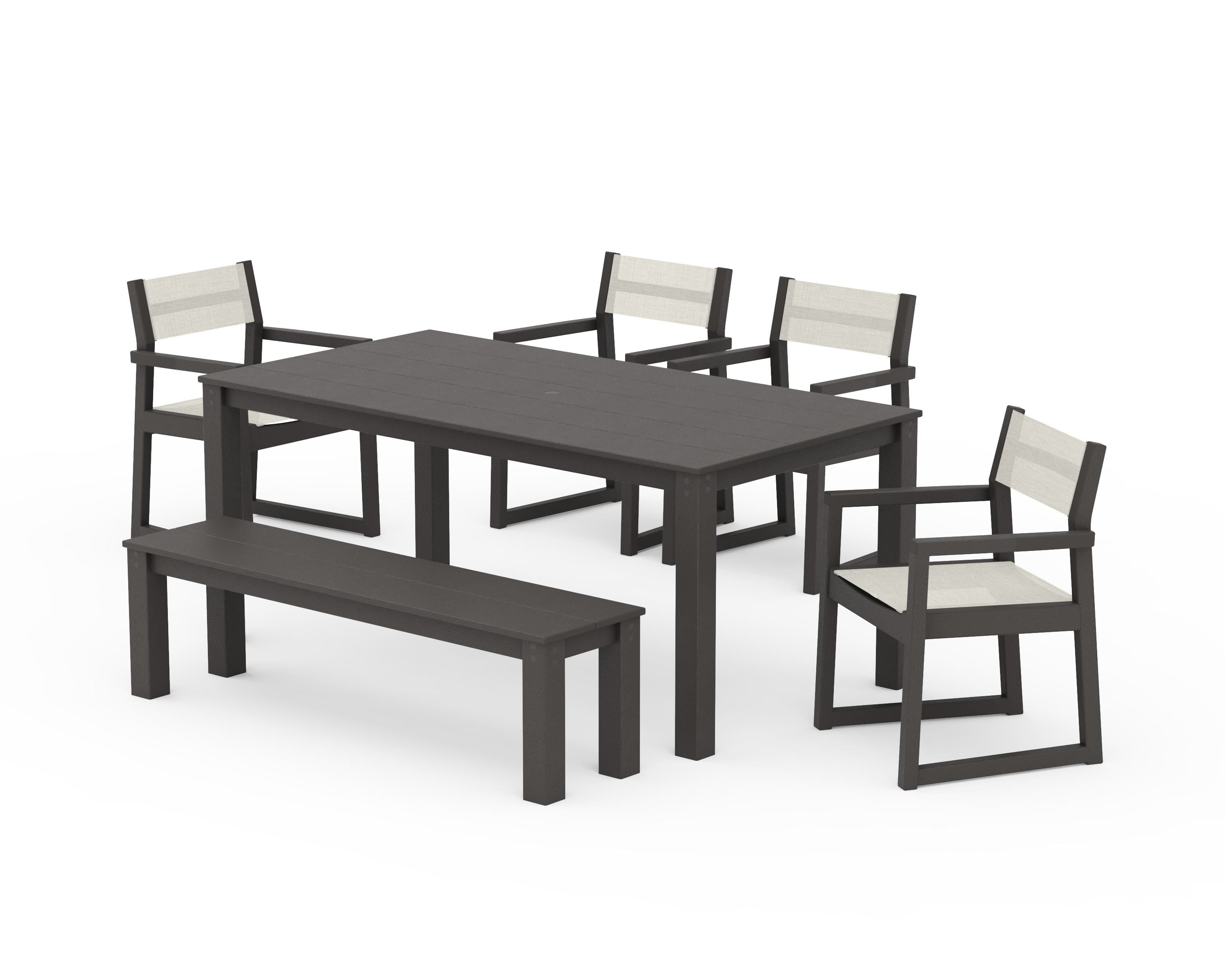 POLYWOOD EDGE Sling Arm Chair 6-Piece Parsons Dining Set with Bench in Vintage Coffee / Parchment Sling