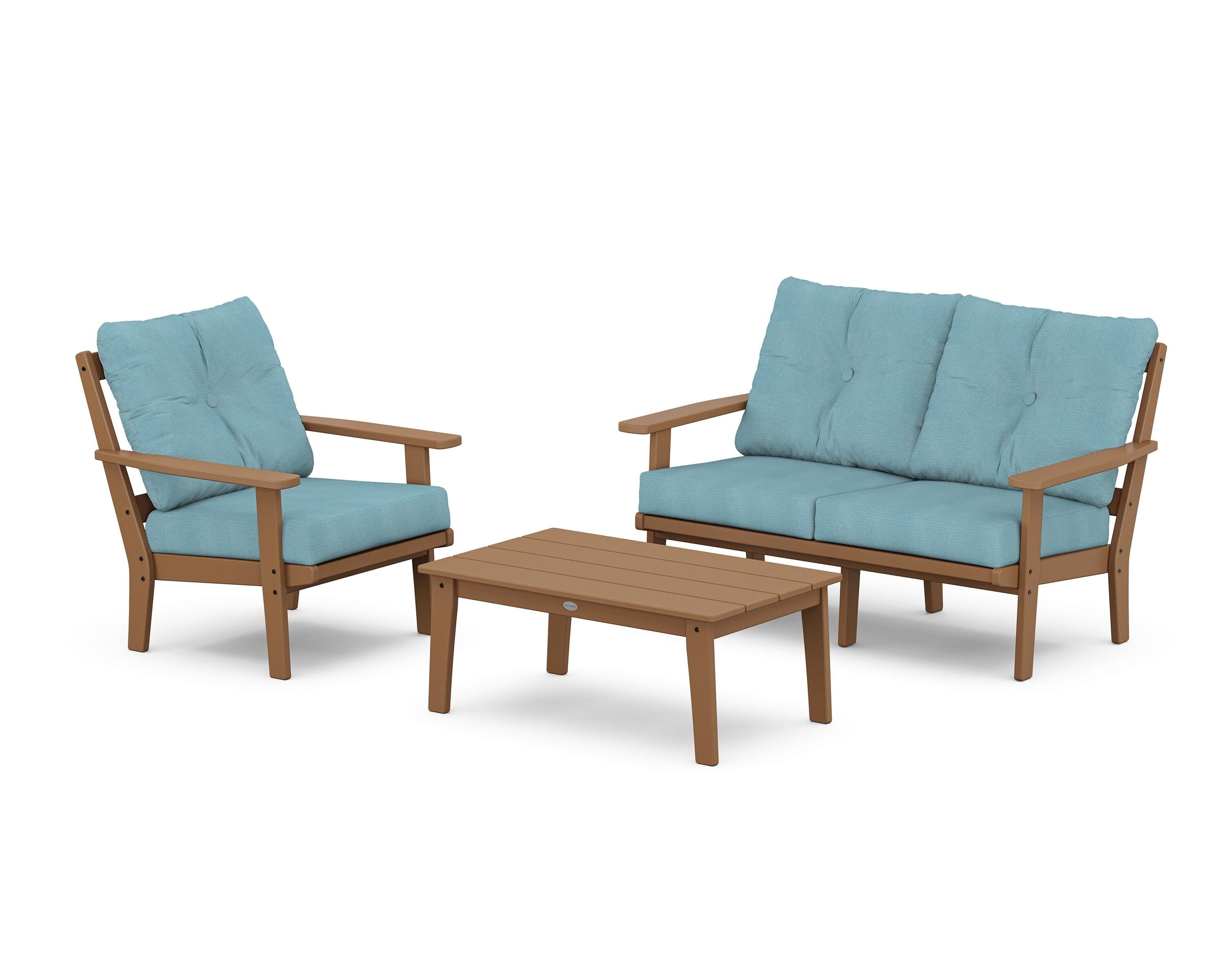 POLYWOOD Prairie 3-Piece Deep Seating Set with Loveseat in Teak / Lattice Sky Blue