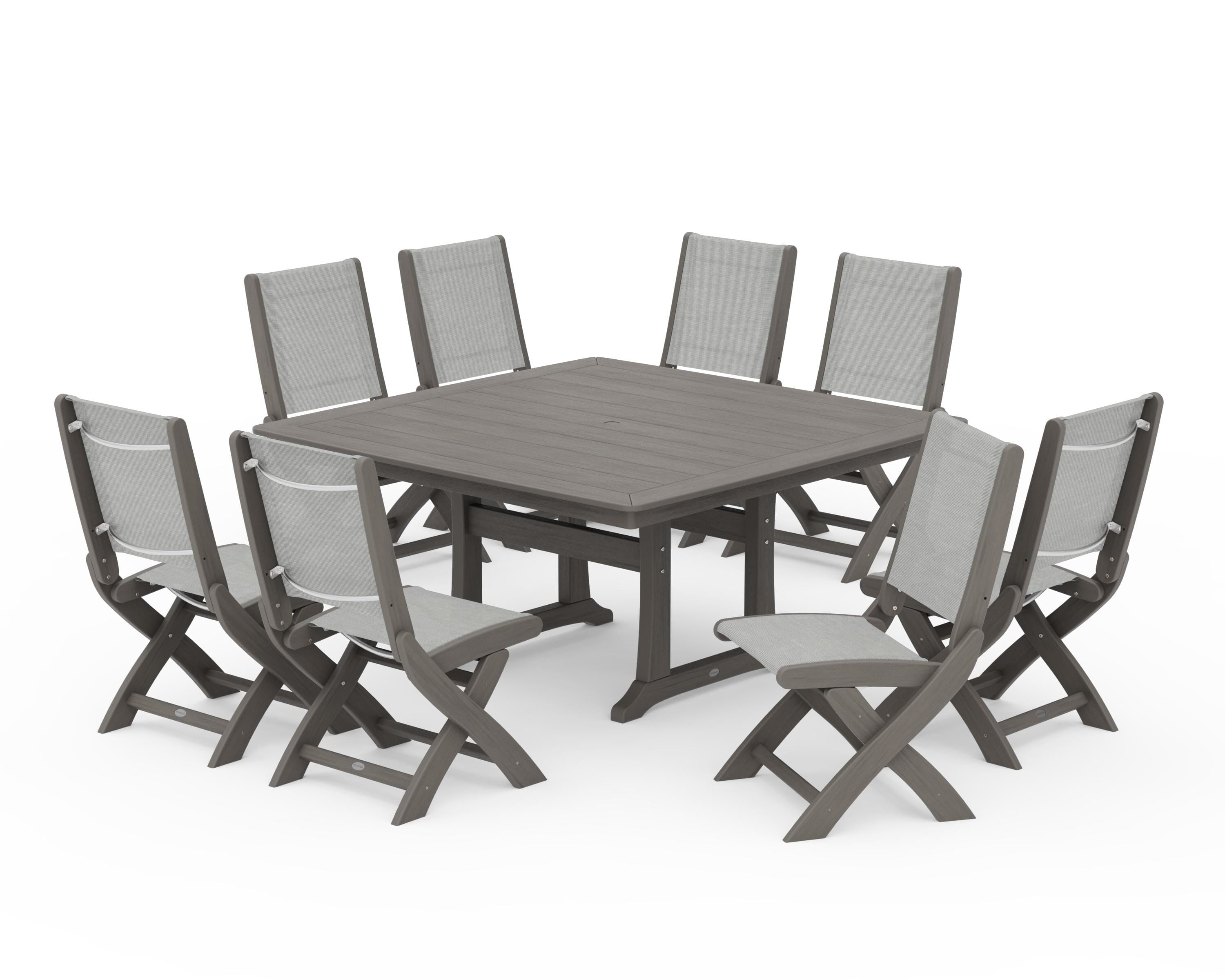 POLYWOOD Coastal Folding Side Chair 9-Piece Dining Set with Trestle Legs in Driftwood / Metallic Sling