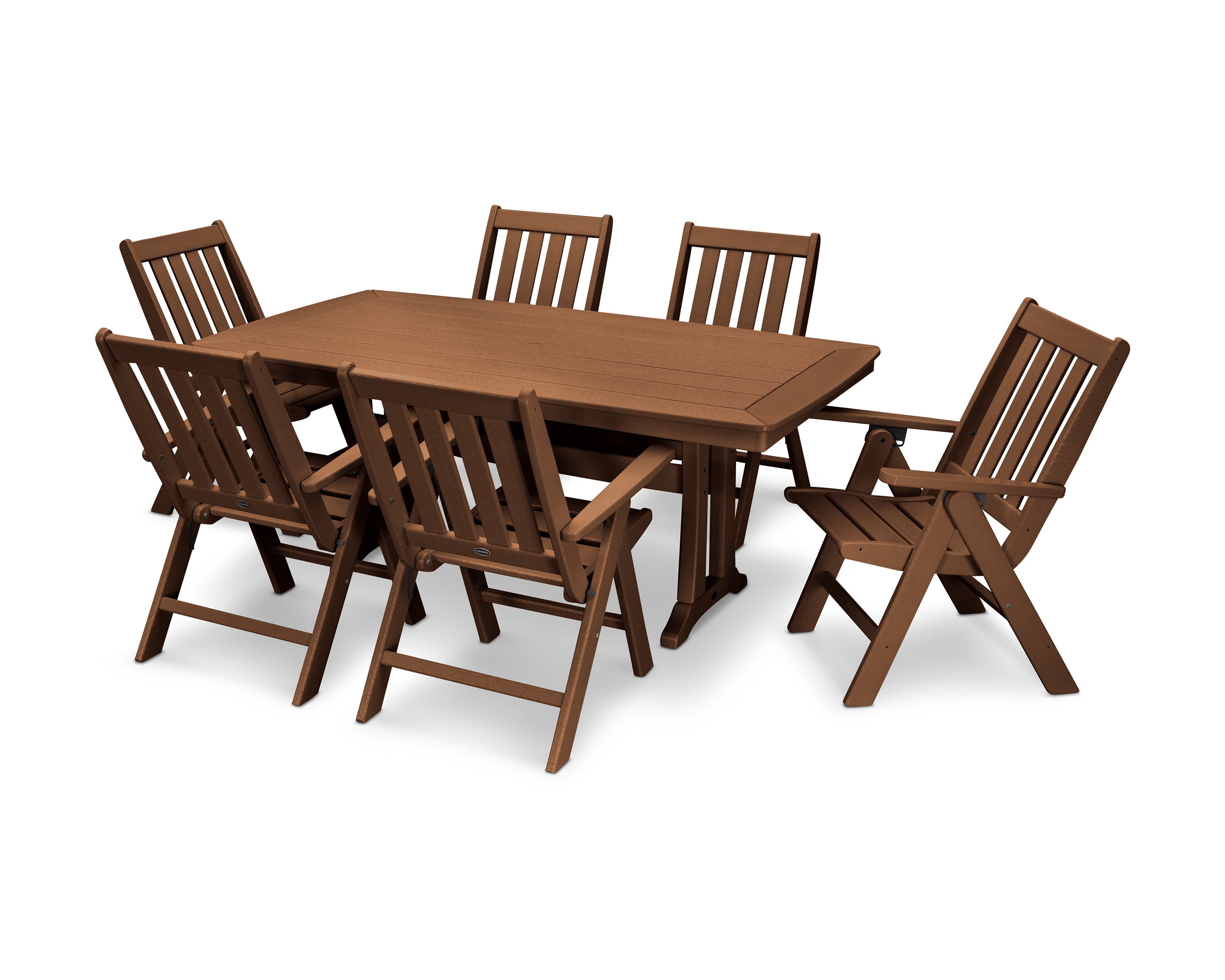 POLYWOOD Vineyard Folding Chair 7-Piece Dining Set with Trestle Legs in Teak