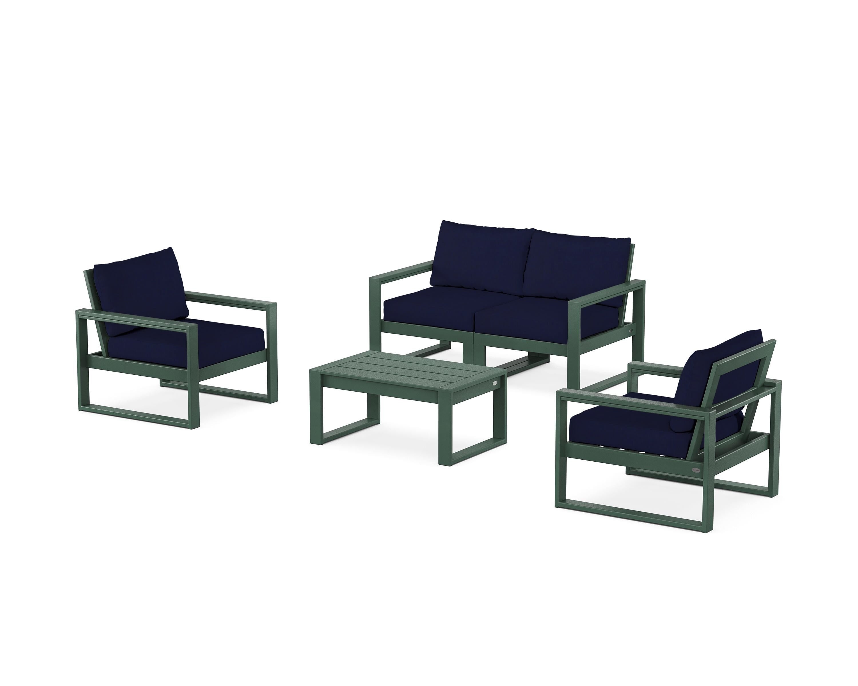 POLYWOOD EDGE Sectional 4-Piece Deep Seating Set with Loveseat in Green / Navy