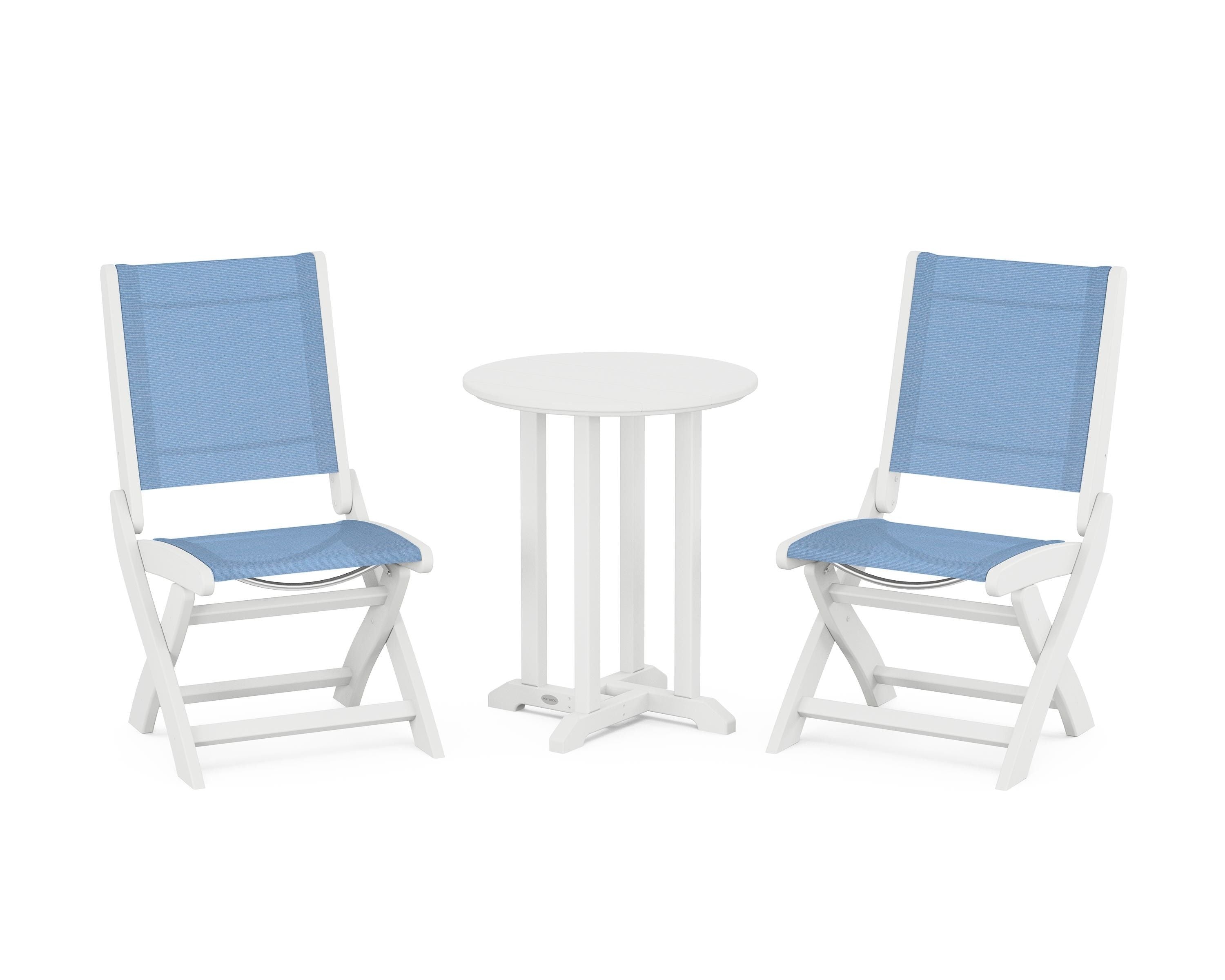 POLYWOOD Coastal Folding Side Chair 3-Piece Round Bistro Dining Set in White / Poolside Sling