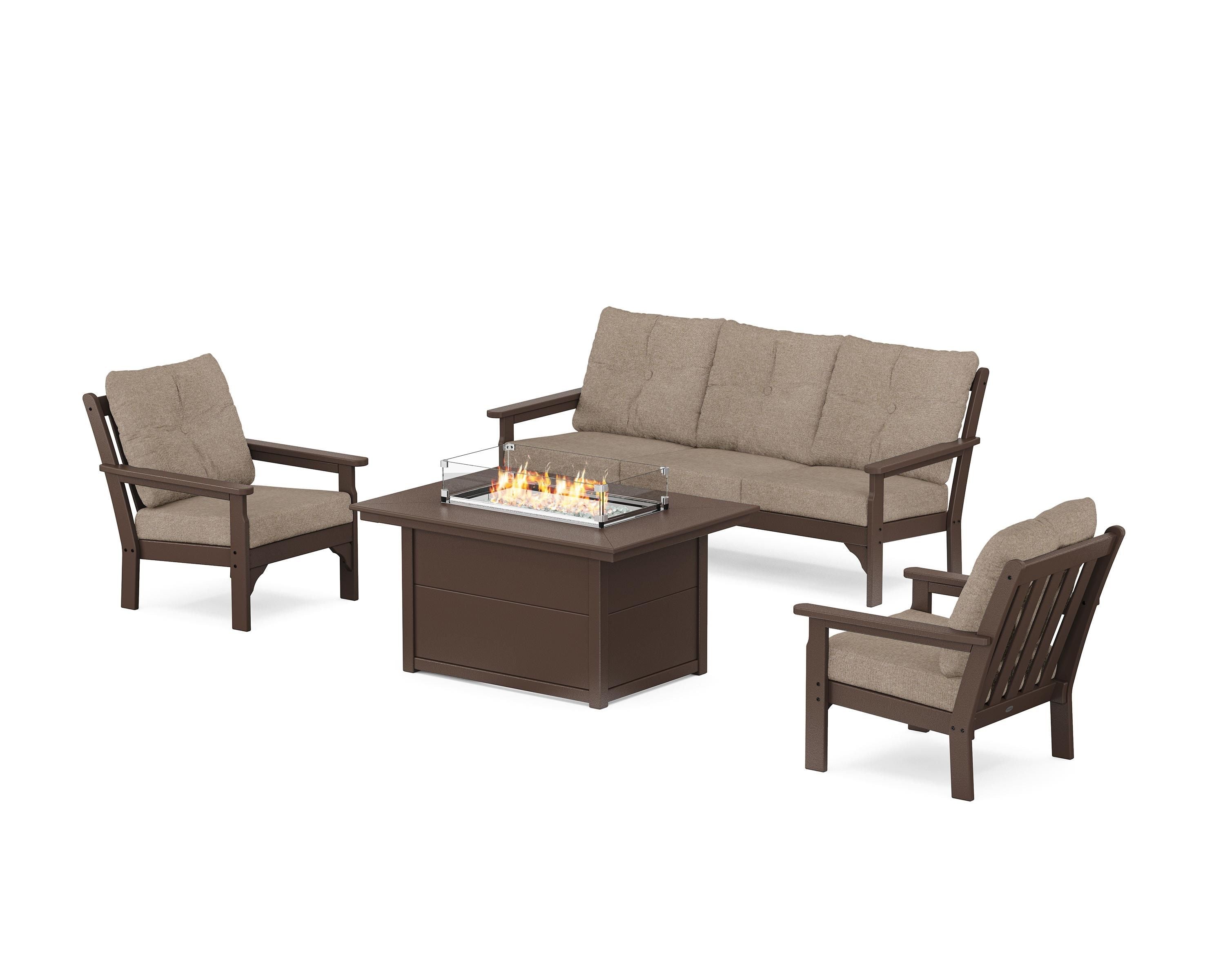 POLYWOOD Vineyard Deep Seating Fire Pit Table Set in Mahogany / Spiced Burlap