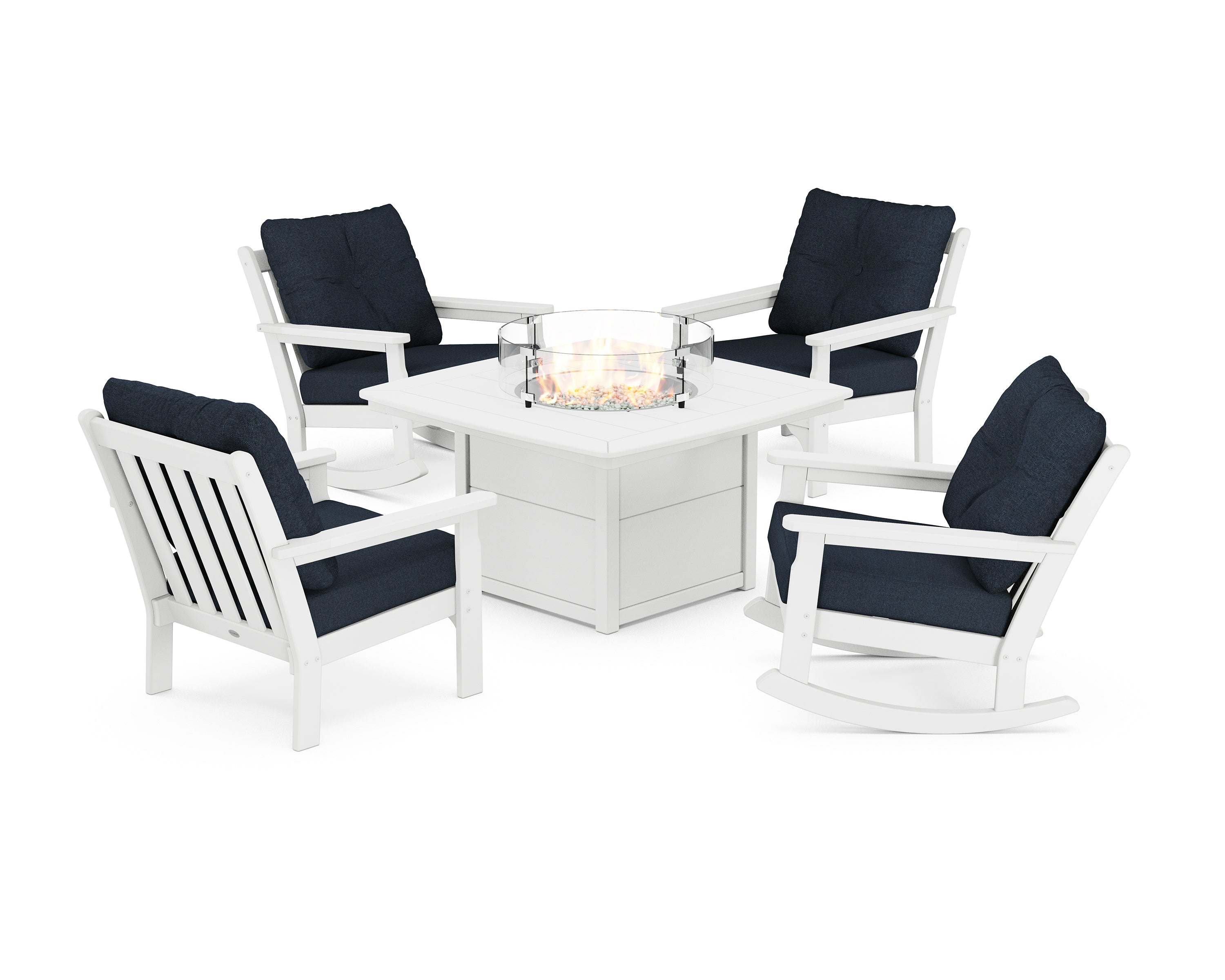 POLYWOOD Vineyard 5-Piece Deep Seating Rocking Chair Conversation Set with Fire Pit Table in White / Marine Indigo