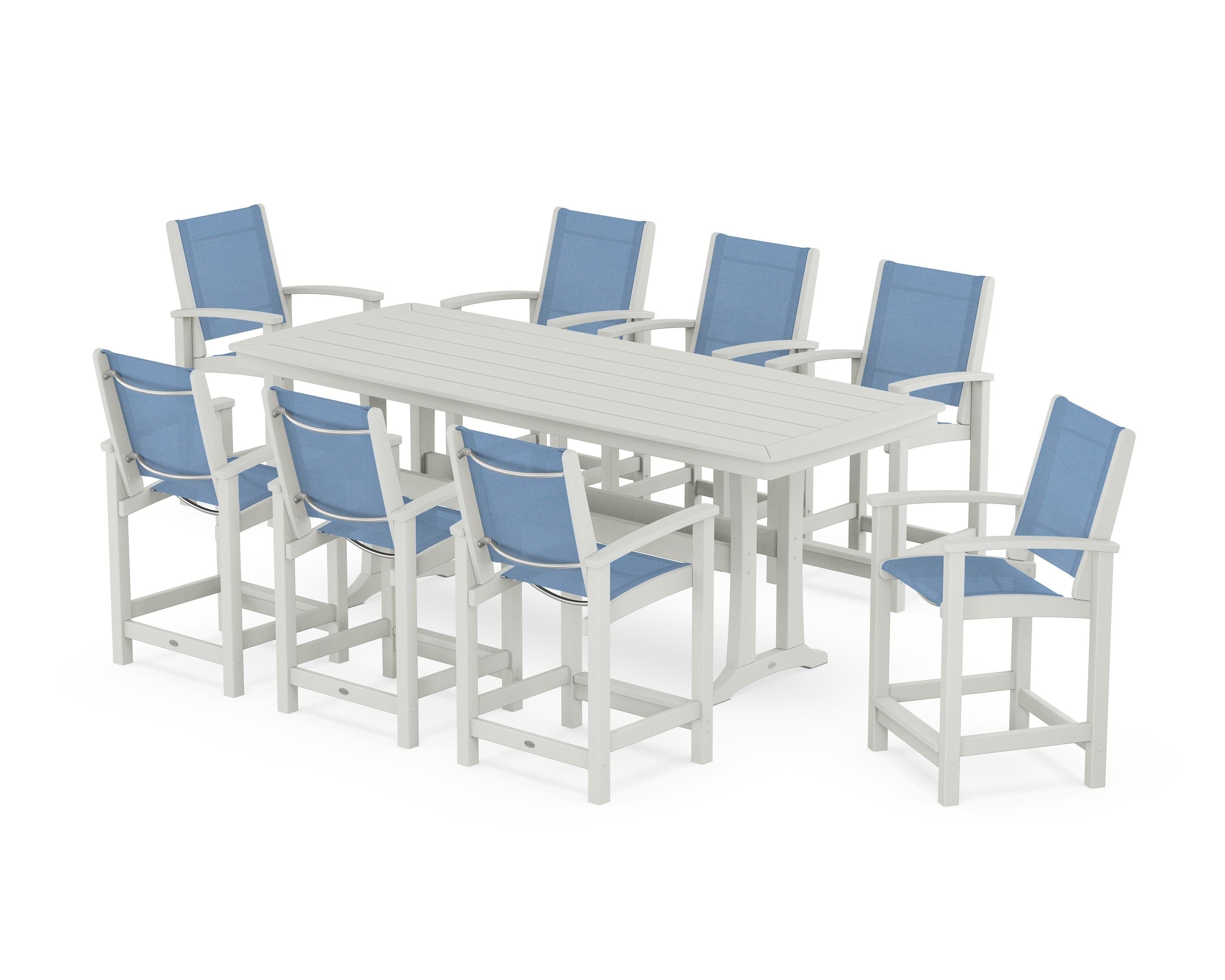 POLYWOOD Coastal 9-Piece Counter Set with Trestle Legs in Vintage White / Poolside Sling