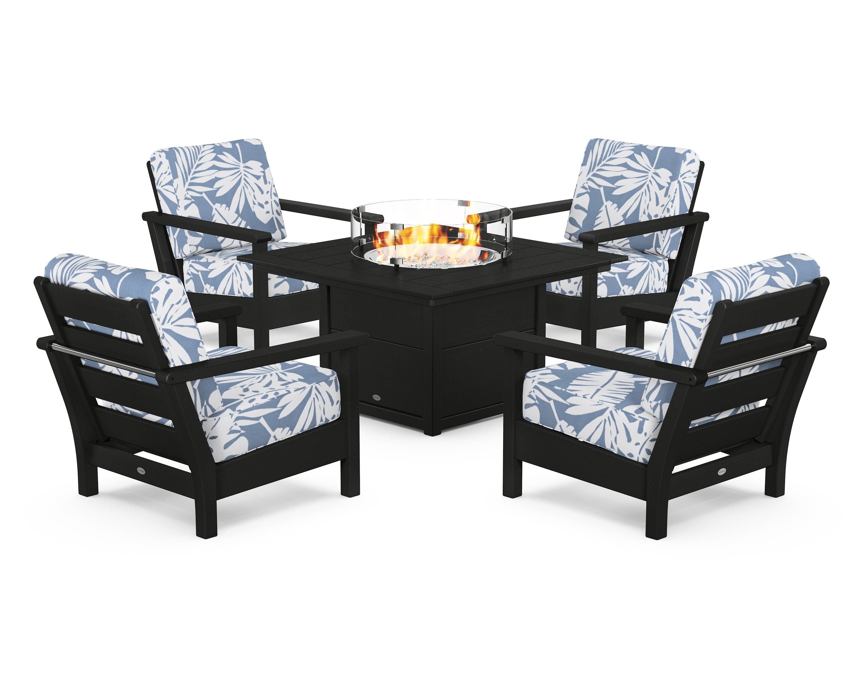 POLYWOOD Harbour 5-Piece Conversation Set with Fire Pit Table in Black / Leaf Sky Blue